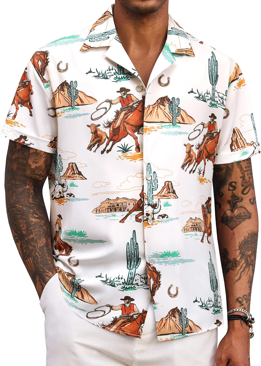 MYMORE Men's 2025 Western Cowboy Shirts Short Sleeve Vintaged Print Rodeo Button Up Shirt Summer Hawaiian Graphic Outfit