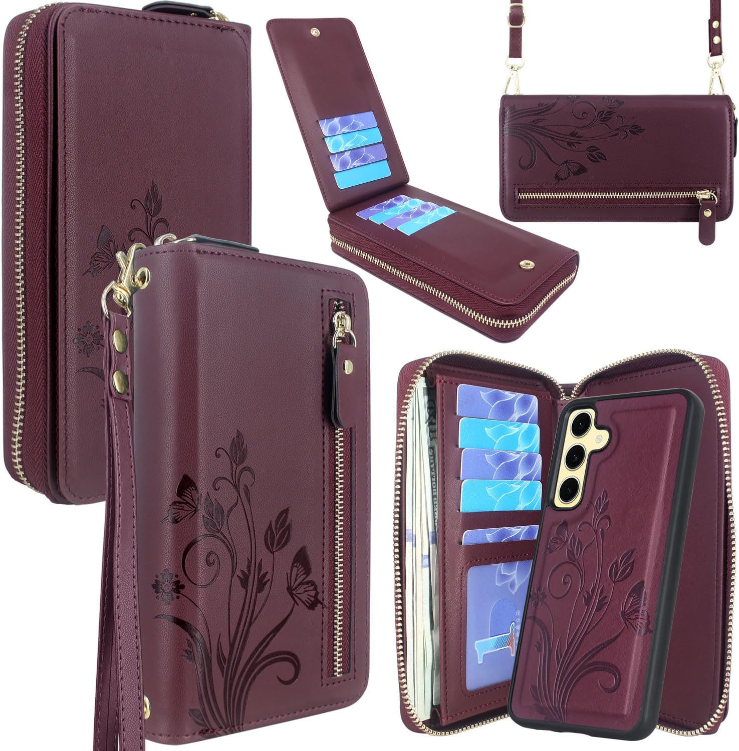 Lacass for Samsung Galaxy S24 FE S24FE 2024 Wallet Case,Crossbody Dual Zipper Detachable Magnetic Leather Wallet Case Cover Wristlets Wrist Strap 13 Card Slots Money Pocket(Floral Wine Red)