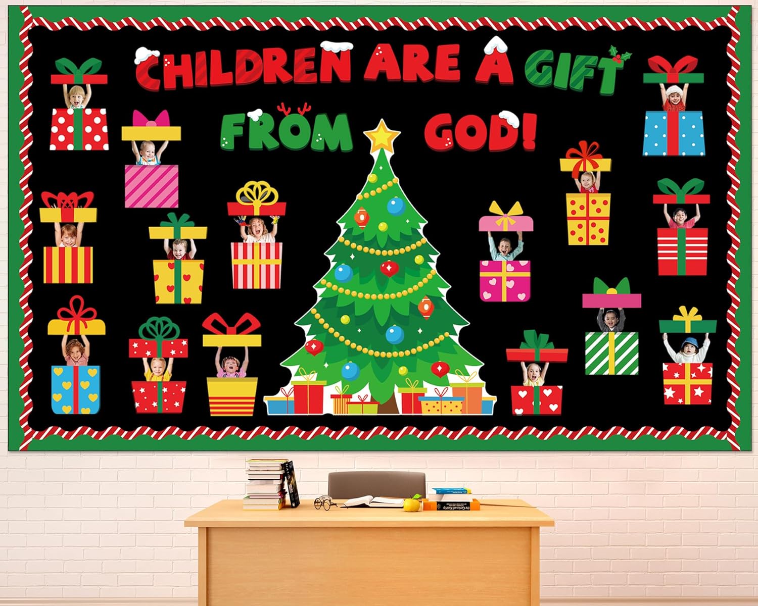70 Pcs Christmas Bulletin Board Decoration Set Xmas Gift Boxes Cutouts DIY Photo Craft Christmas Classroom Decorations Christmas Tree Bulletin Board for Holiday School Chalkboard Wall Door Decorations