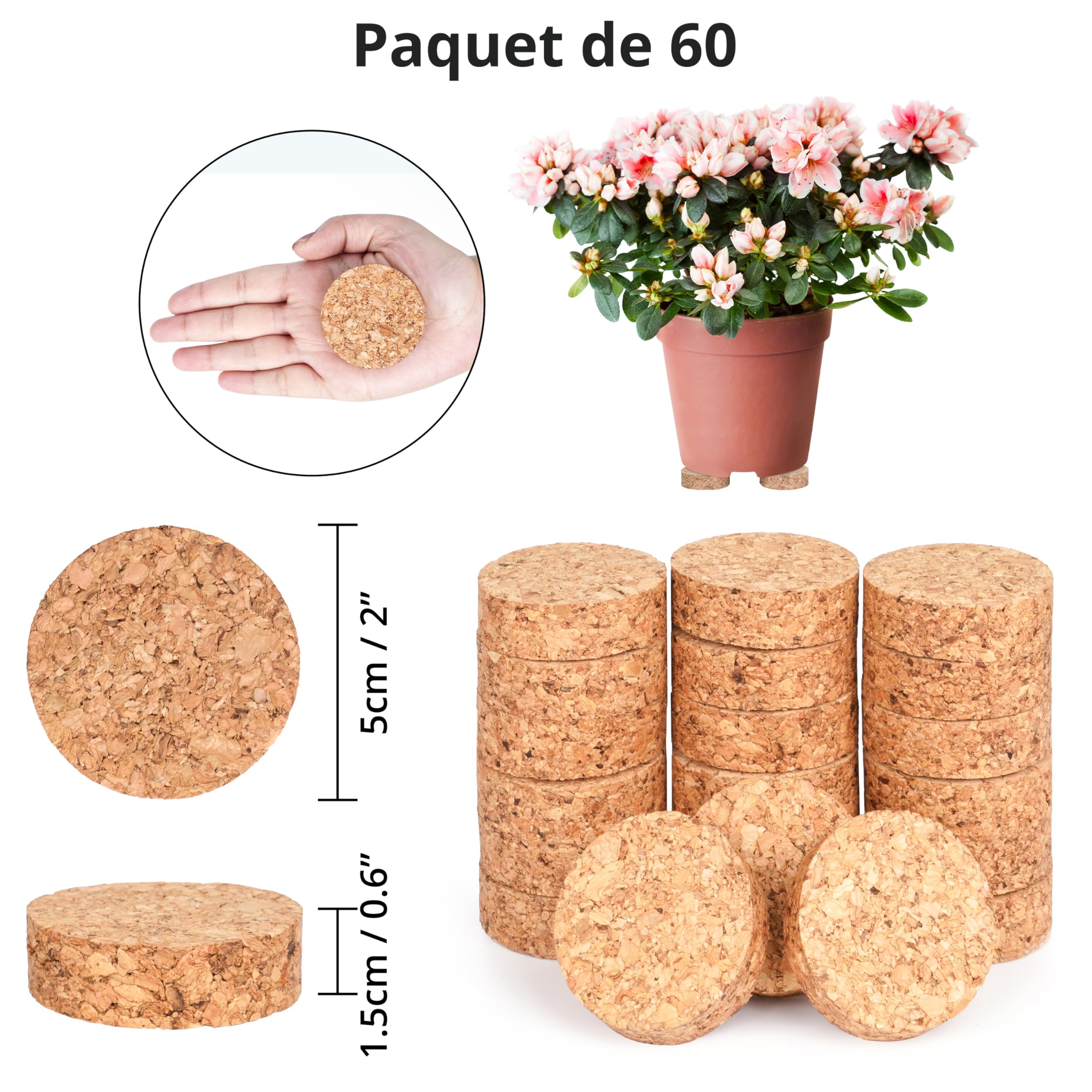 Winter Shore Dessous de Pot de Fleur en Liège Invisibles (Lot de 60) - 5 x 1,5 cm Cale Pot de Fleur - Antidérapants - Jardinières, Terrasse, Jardin, Patio, Carrelage, Sol en Pierre, Intérieur
