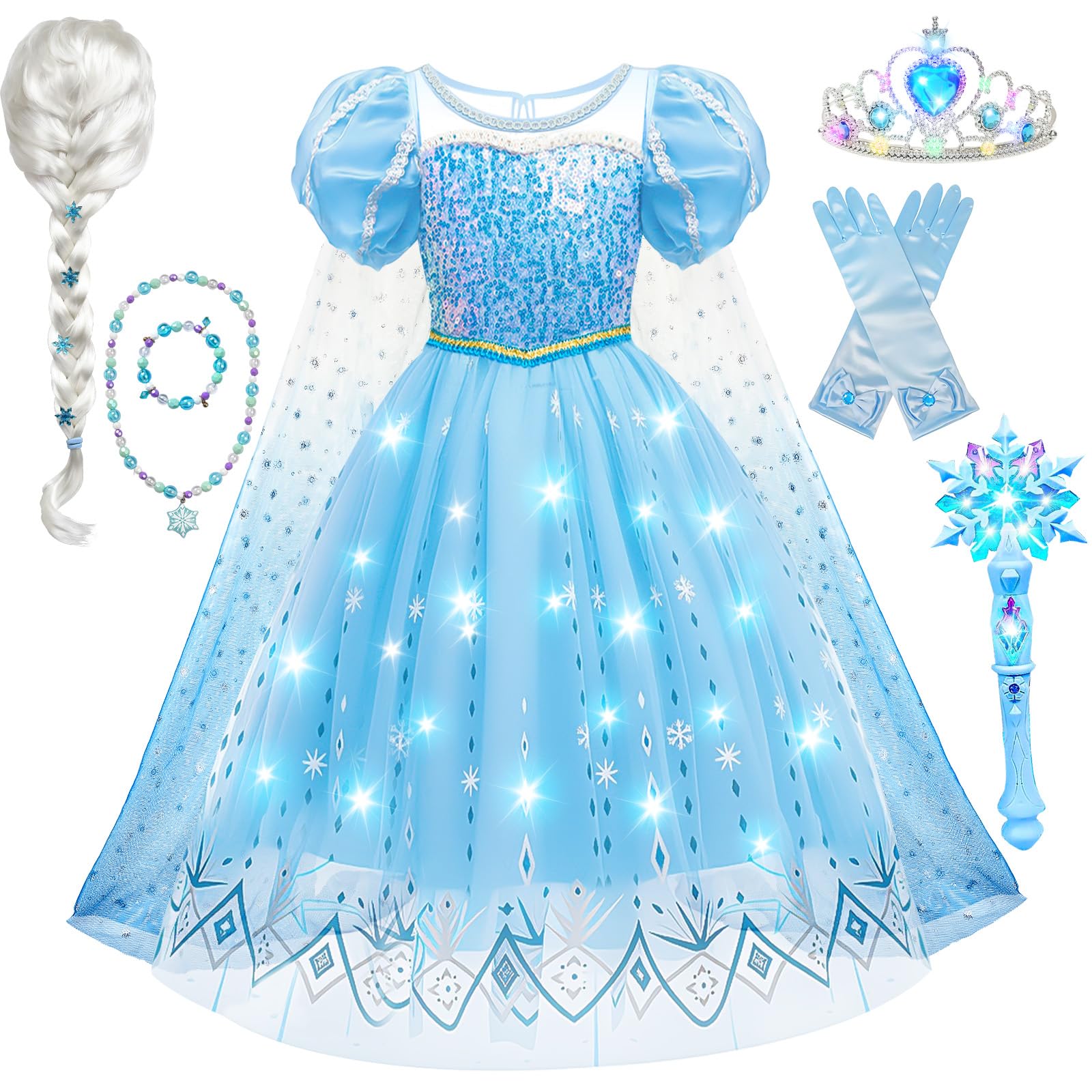 G.C Girls Light Up Princess Dress Up Costume with Cape Kids Toddler Wig Crown Wand Toys Outfit Halloween Cosplay Gifts