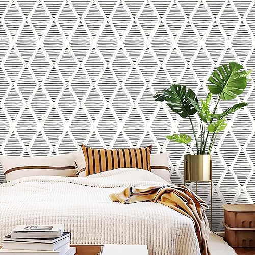 Miniatura 6 de Yun-aeon Papel tapiz de rayas blancas y negras de 17.7 x 300 pulgadas, moderno papel de contacto de diamante geométrico extraíble, papel tapiz