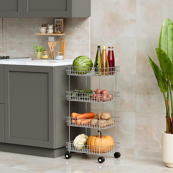 Blairmore Stainless Steel Modern Kitchen Storage Rack Folding Perforated Design Trolley Spice Fruits and Vegetable Onion Potato Organizer Stand Trolley with Wheel Kitchen Trolley -Trollye-4Lear