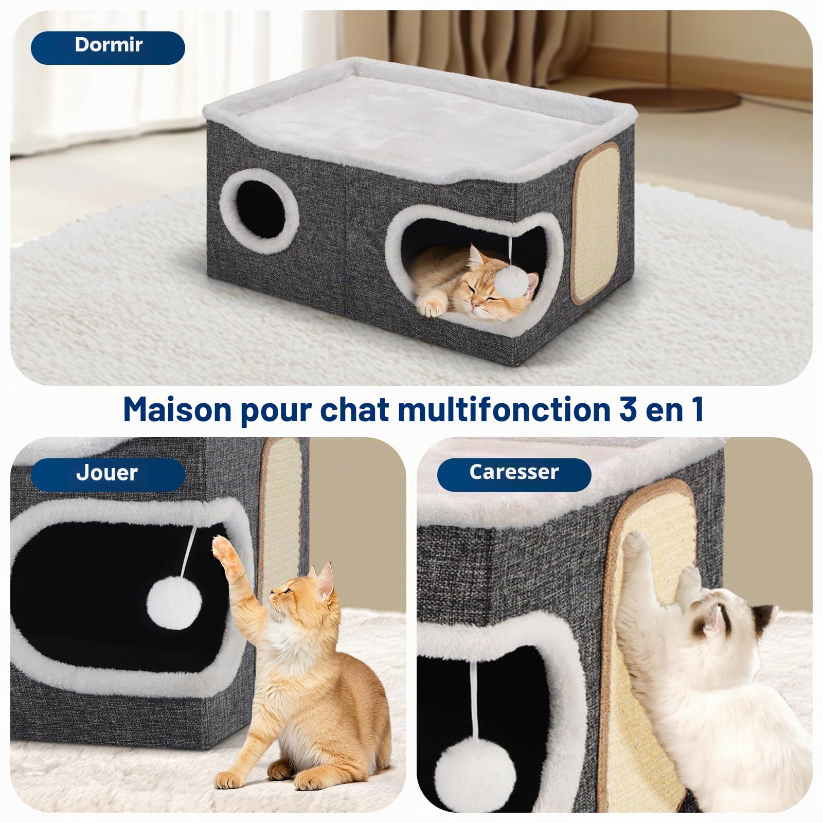 Shikha Niche Pliable pour Chat, Maison d'intérieur pour Grands Chats, 61 x 45 x 32 cm, 2 Couches de Cube pour Chat, XXL avec griffoir et Balle de Jeu,Niche pour Grands Animaux de Compagnie, Gris