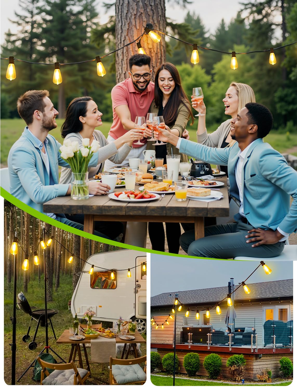 Larkvue Guirnalda de luces solares de 48 pies para exteriores con control remoto, luces de patio regulables impermeables con 15 + 1 bombillas LED ST38, 3 modos de iluminación colgante para patio