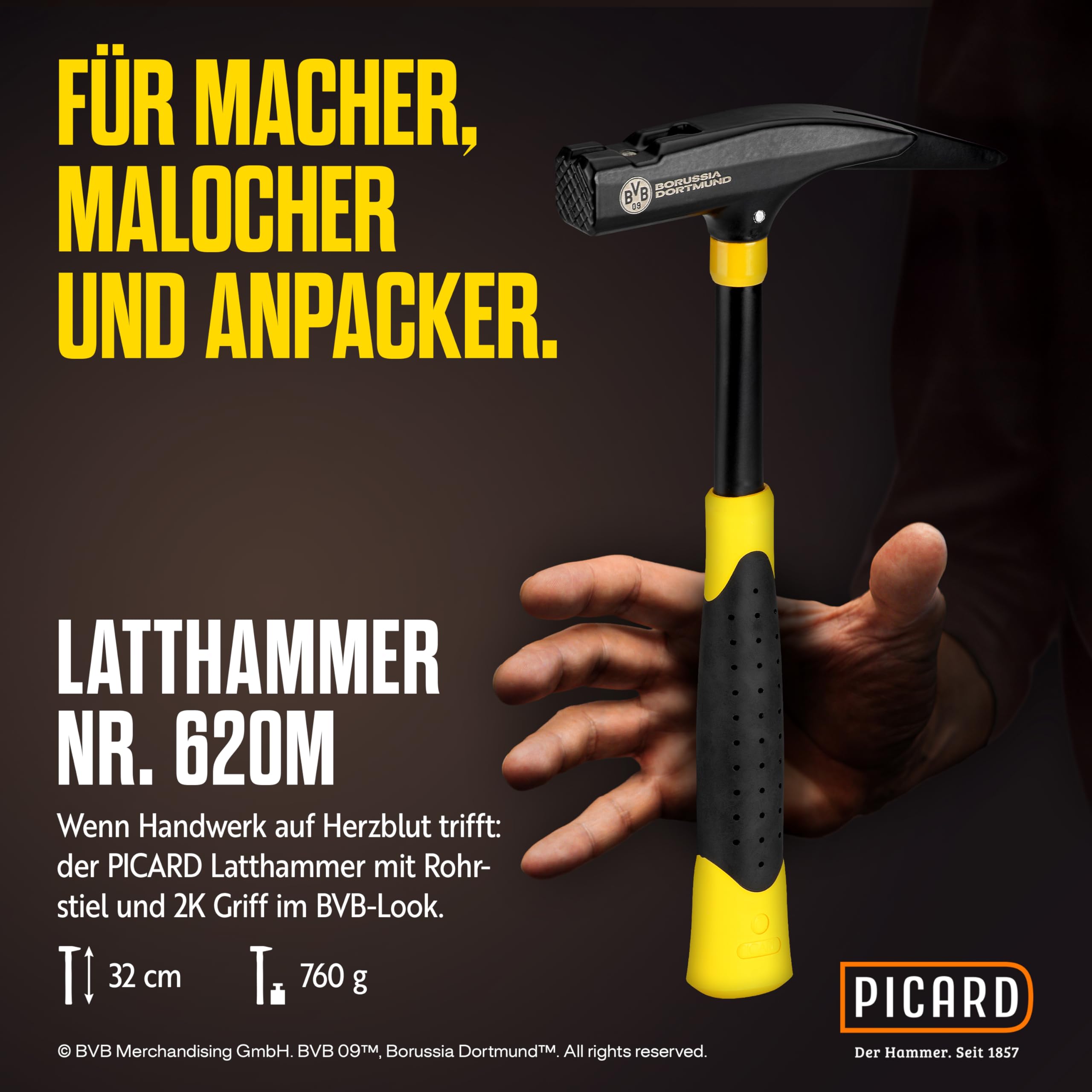 PICARD Martello da carpentiere BVB Edition n. 620M | Martello da carpentiere in design ufficiale del Borussia Dortmund | Prodotto con licenza per veri fan del Borussia | Martello per professionisti |