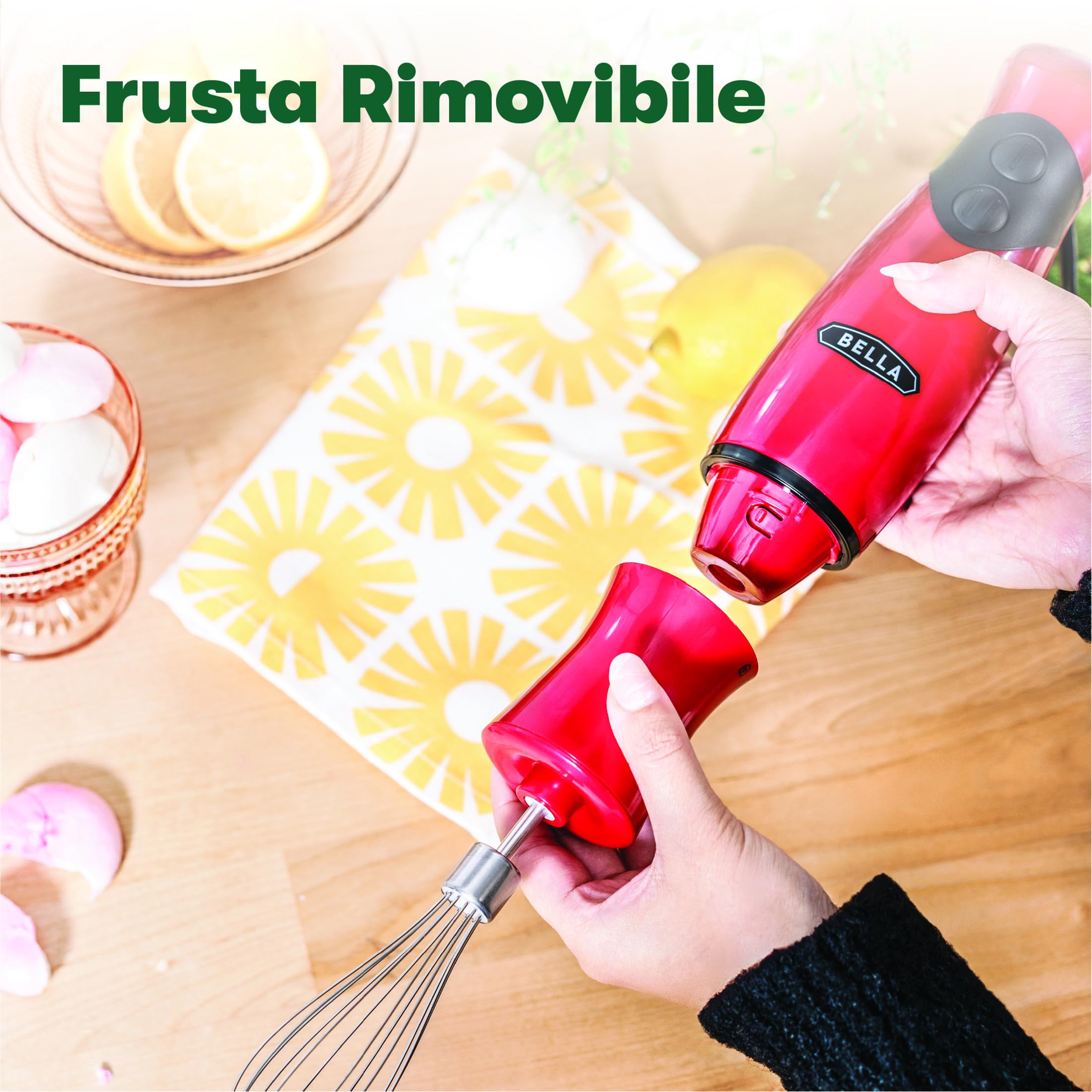 bella Frullatore a Immersione, Mixer Portatile Compatto con Accessorio Frusta per Succhi, Frullati, Cibo per Bambini e Smoothie, Senza BPA, Acciaio Inossidabile, Rosso