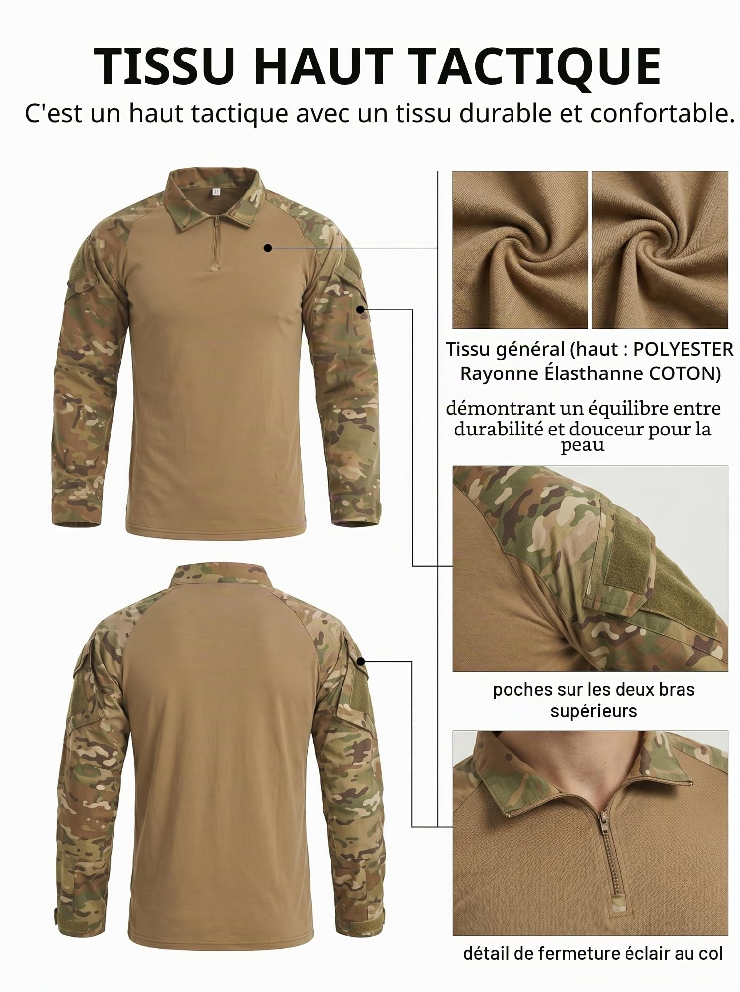 YUSHOW Tenue Airsoft Chemise de Combat Paintball Pantalon Militaire Manches Longues 1/4 Zip Camouflage Tactique Uniform Chasse Escalade BDU