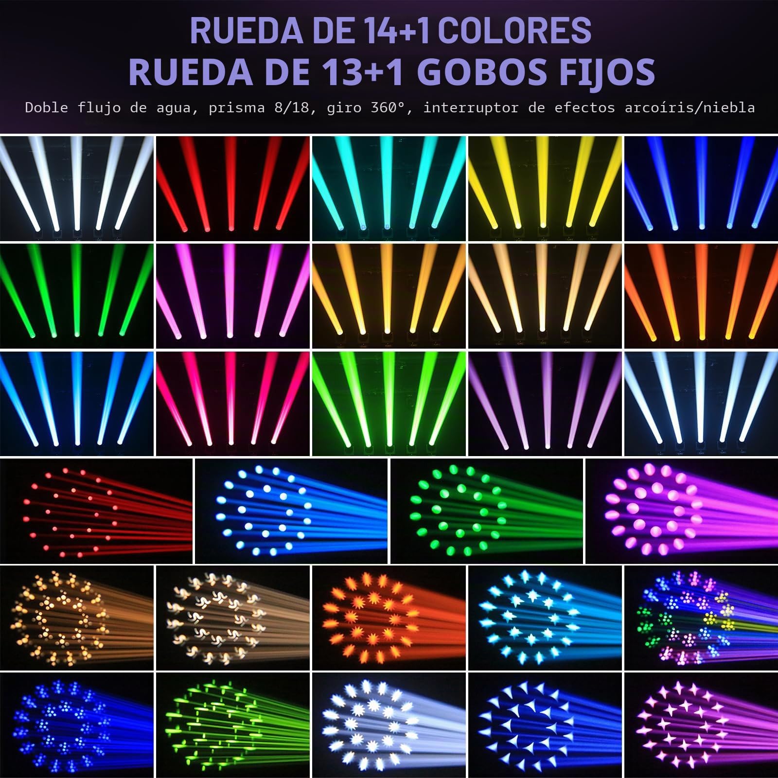 2PCS Cabeza Movil LED 380W Luz de escenario RGBW Beam 14 Gobos 15 Colores DMX Luces para Discoteca DJ Fiestas Bar Iluminación