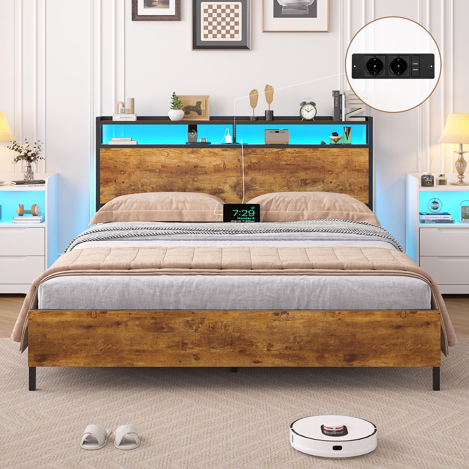Struttura Letto Matrimoniale In Metallo Con Testiera Imbottita – Luci LED RGB, Porte USB E Prese, Ripiani, Nero, Fino A 408 Kg