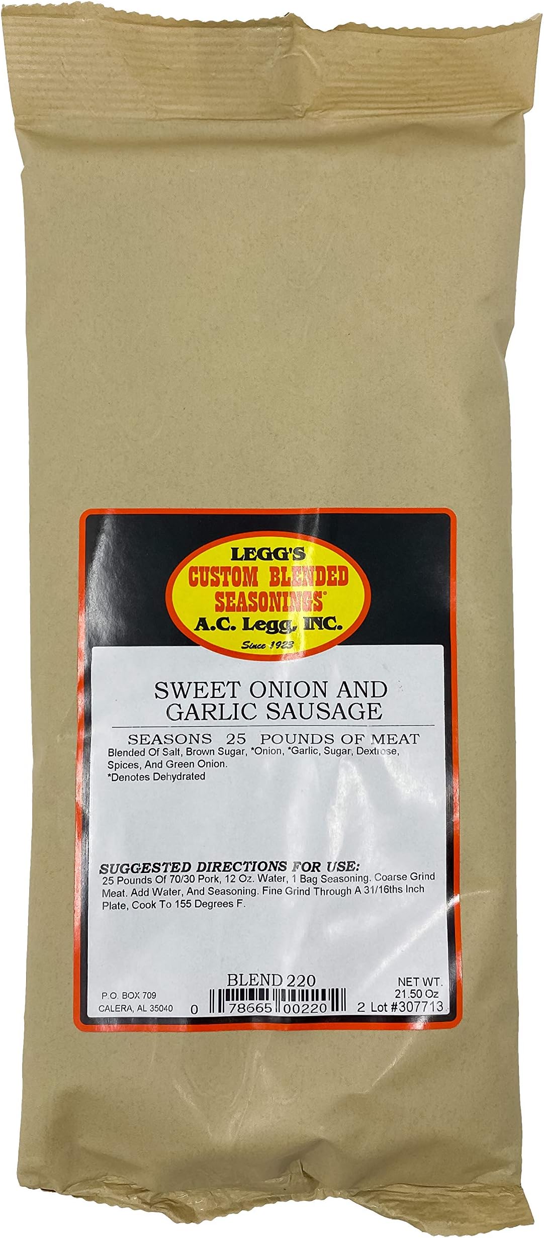 A.C. Legg Custom Blended Seasonings - Sweet Onion and Garlic Sausage Seasoning for up to 25 pounds of meat - 21.5 Ounces