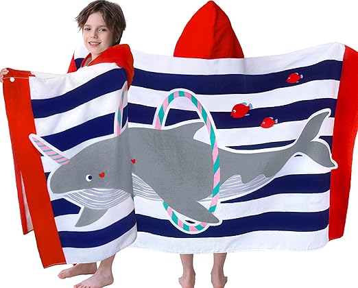 VOOVA & MOVAS Hooded Beach Towels for Kids,(3-10 Years, 30''X50),Absorbent 100% Cotton Towel Wrap for Boys, Perfect for Toddler Beach, Pool, Bath, Swimming, Hula-Hooping Narwhal