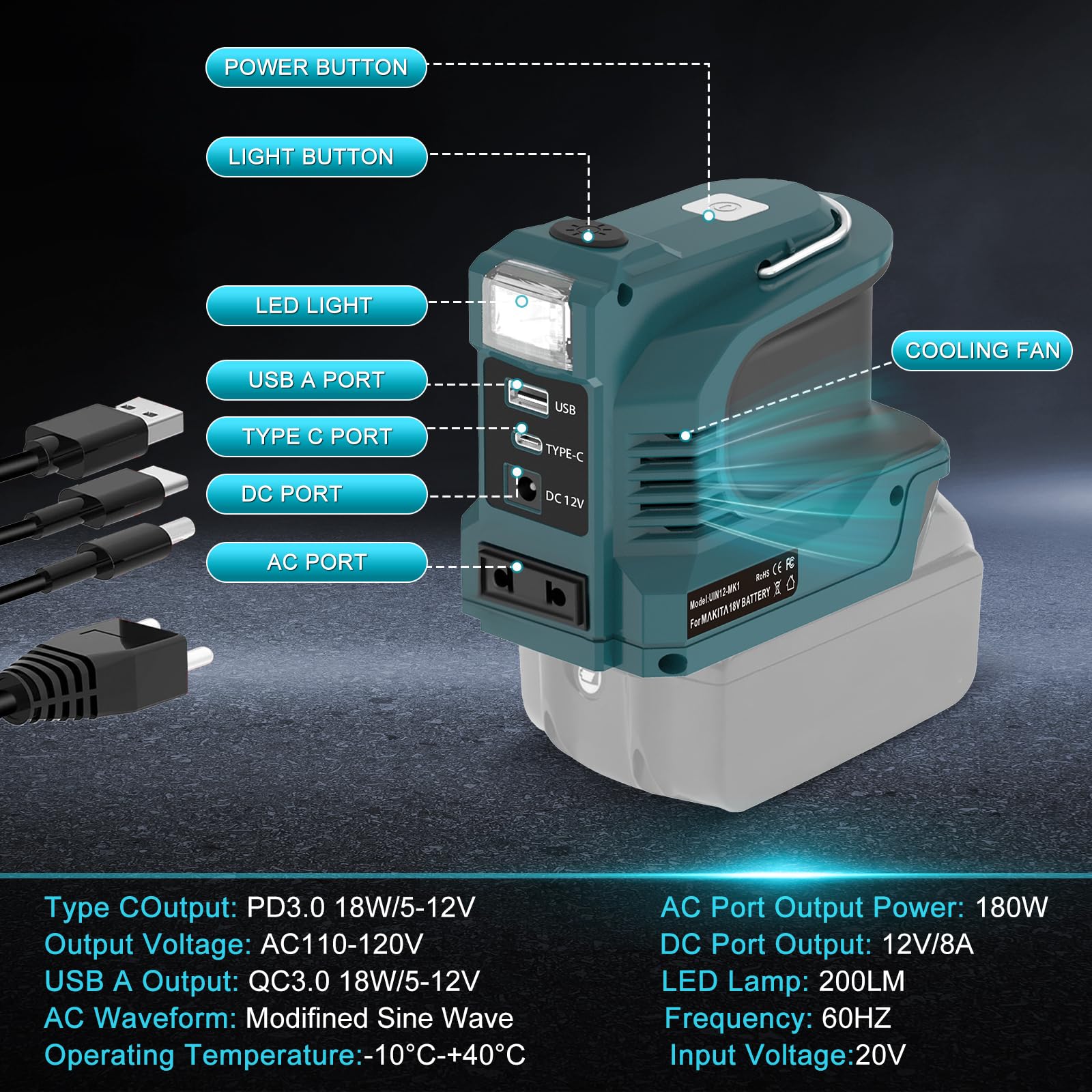 Inverter per batteria Makita da 18 V, DC 18 V a AC 220 V, adattatore con connettore USB Type-C DC12 V e presa AC e lampada LED, unità di emergenza per campeggio