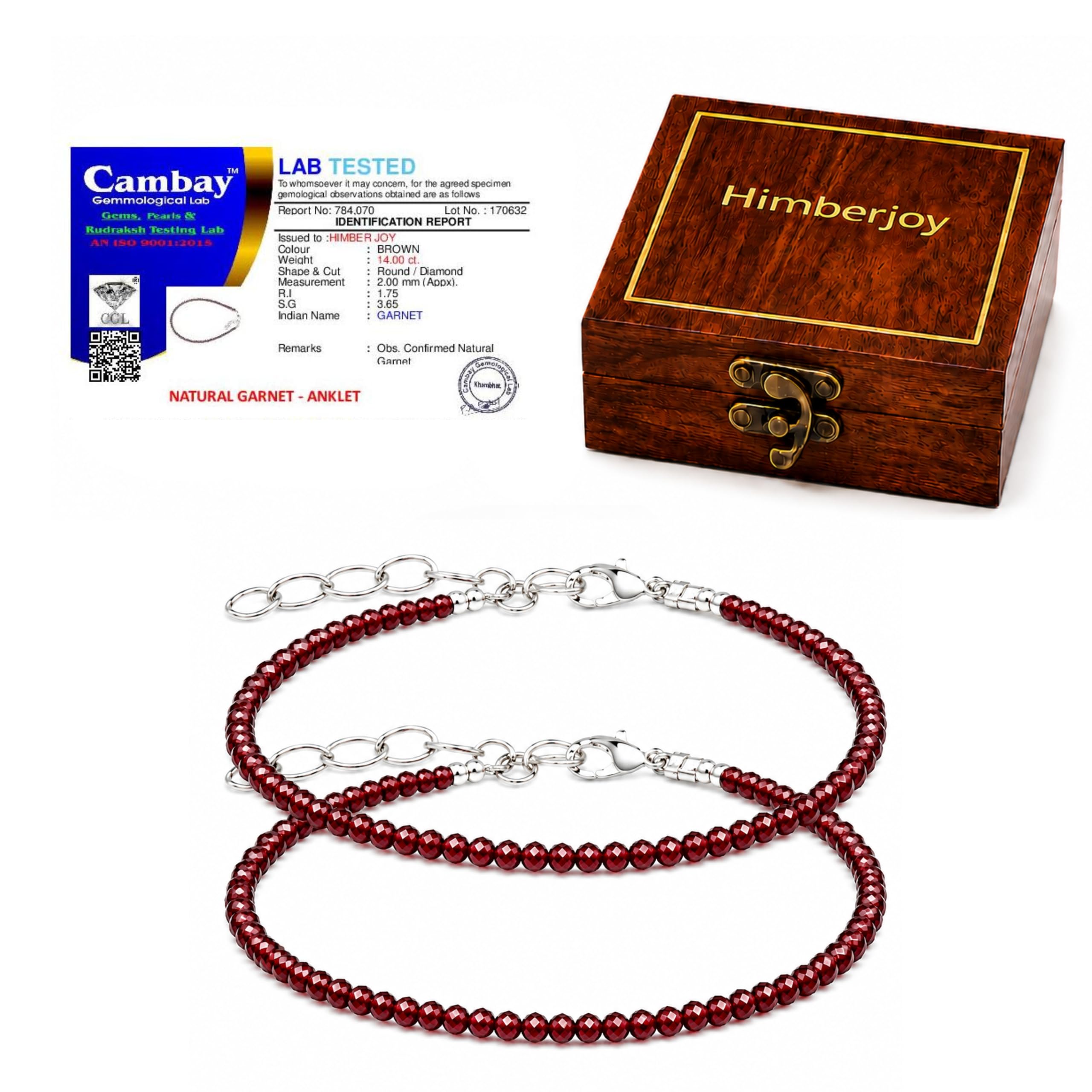 HimberJoy AAA+ Natural Red Garnet Anklet for Women | Spiritual Crystal Payal for Courage & Root Chakra Focus | Premium Sheesham Wooden Gift Box & Certification Card