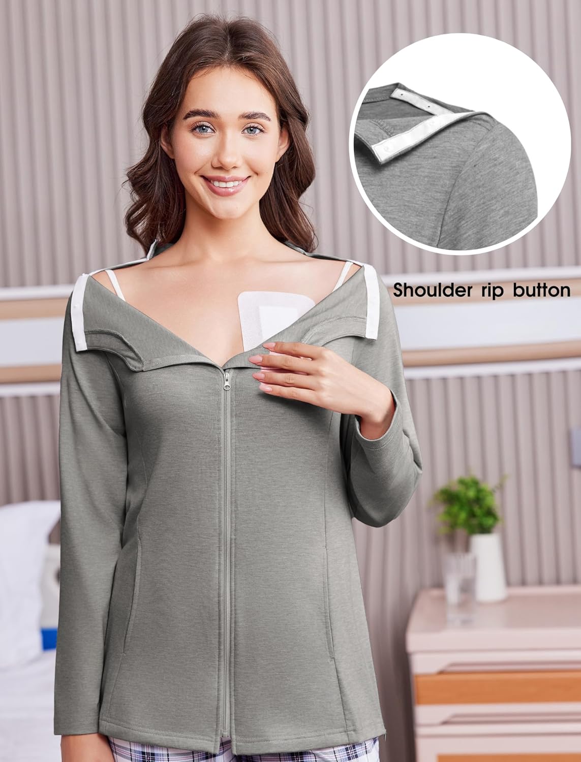Deyeek Mastectomy Shirts with Drain Pockets Post Shoulder Surgery Tops for Women Chemo Port Long Sleeve with Zippers - Image 2