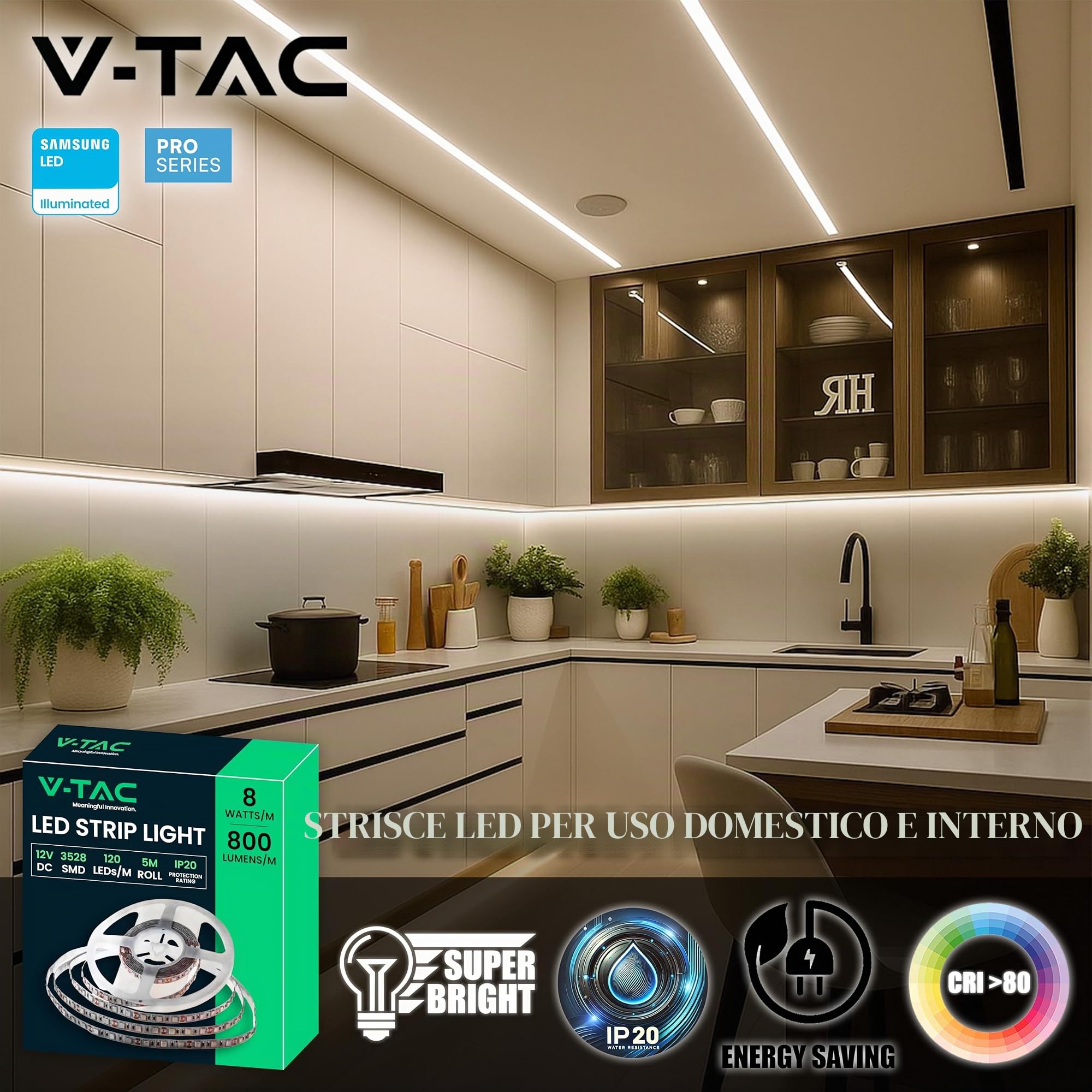V-TAC Striscia Led da Interno SMD 3528 8W - 5 Metri - Striscia LED Adesiva per Casa, Cucina, Camera, Ambienti Interni - Strisce LED Luminosità 800 Lumen - Alimentata 12V - Luce Bianca Calda 3000K