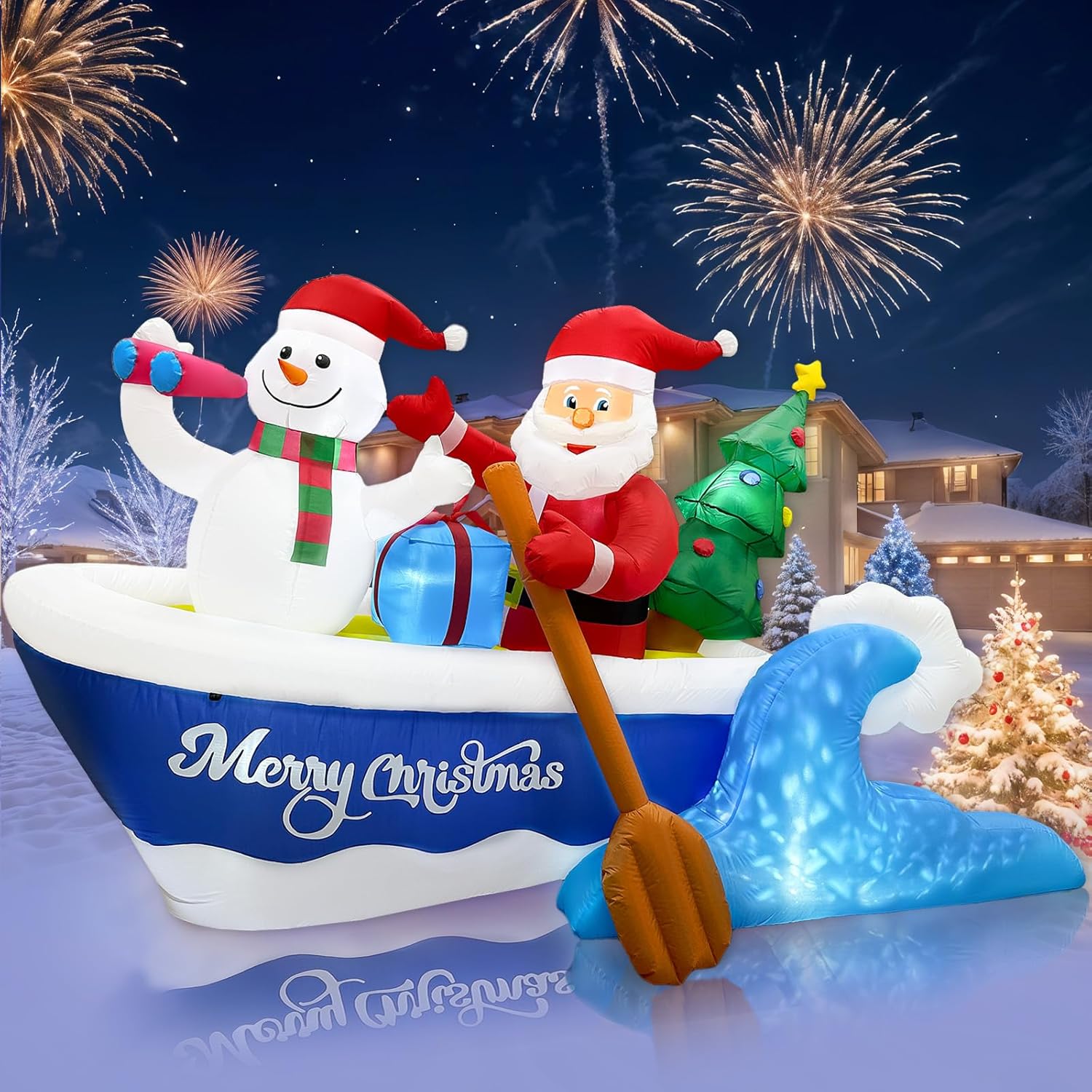 OurWarm 8FT Christmas Inflatable Outdoor Decoration, Christmas Blow Ups Santa Rowing Boat with Snowman, Xmas Inflatable Outdoor Holiday Yard Decoration with LEDs for Outside Indoor Party Garden Lawn
