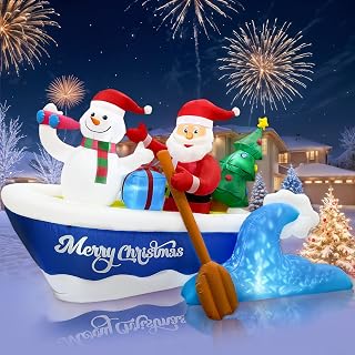 8FT Christmas Inflatable Outdoor Decoration, Christmas Blow Ups Santa Rowing Boat with Snowman, Xmas Inflatable Outdoor Holiday Yard Decoration with LEDs for Outside Indoor Party Garden Lawn