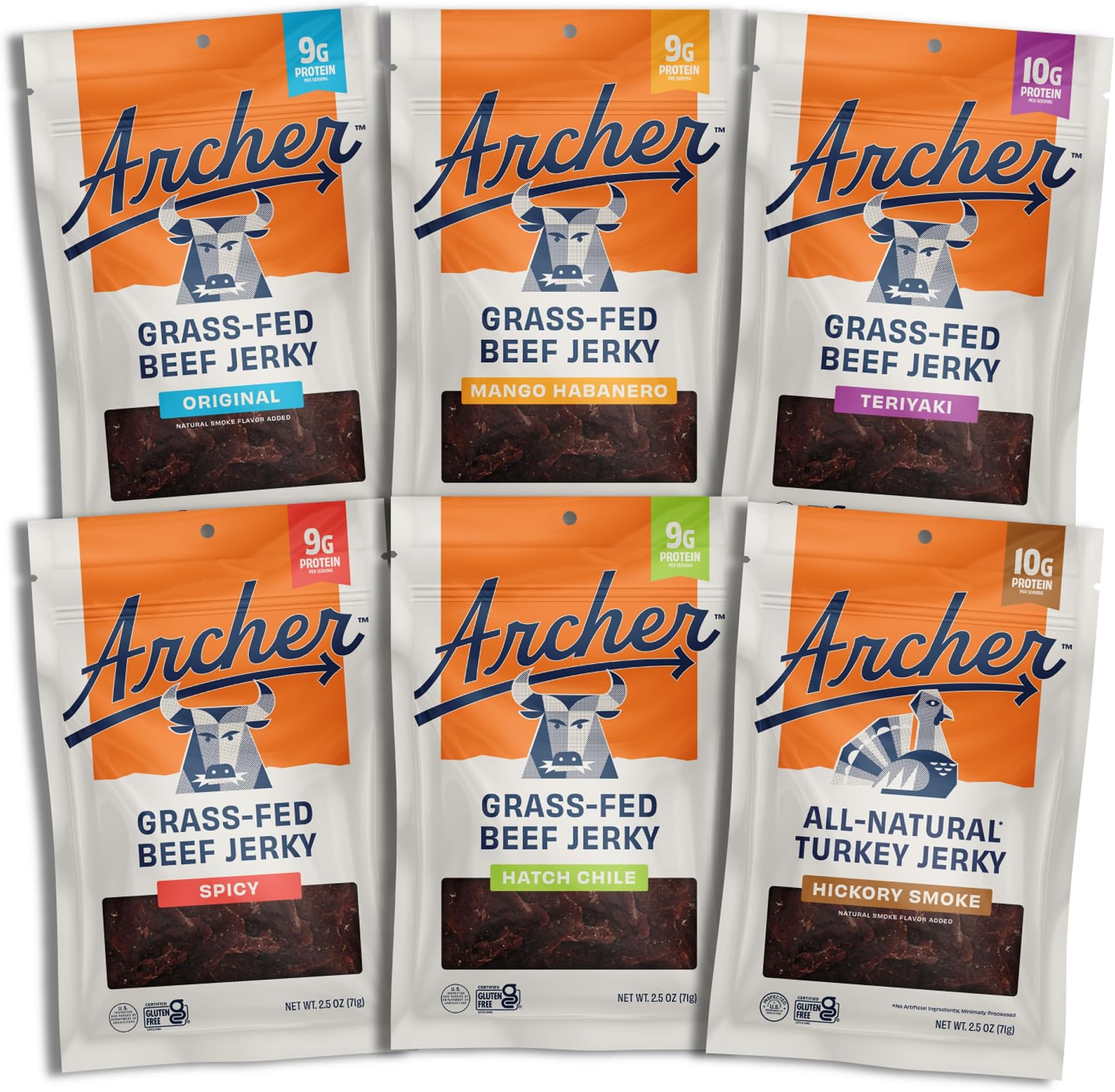 Archer Jerky Grass-Fed Beef Jerky Variety Pack- Beef Snack Packs, Protein Snack Assortment for Adults, Flavor Sampler, Original, Mango Habanero, Teriyaki, Spicy, Hatch Chile - 2.5 oz (Pack of 6)