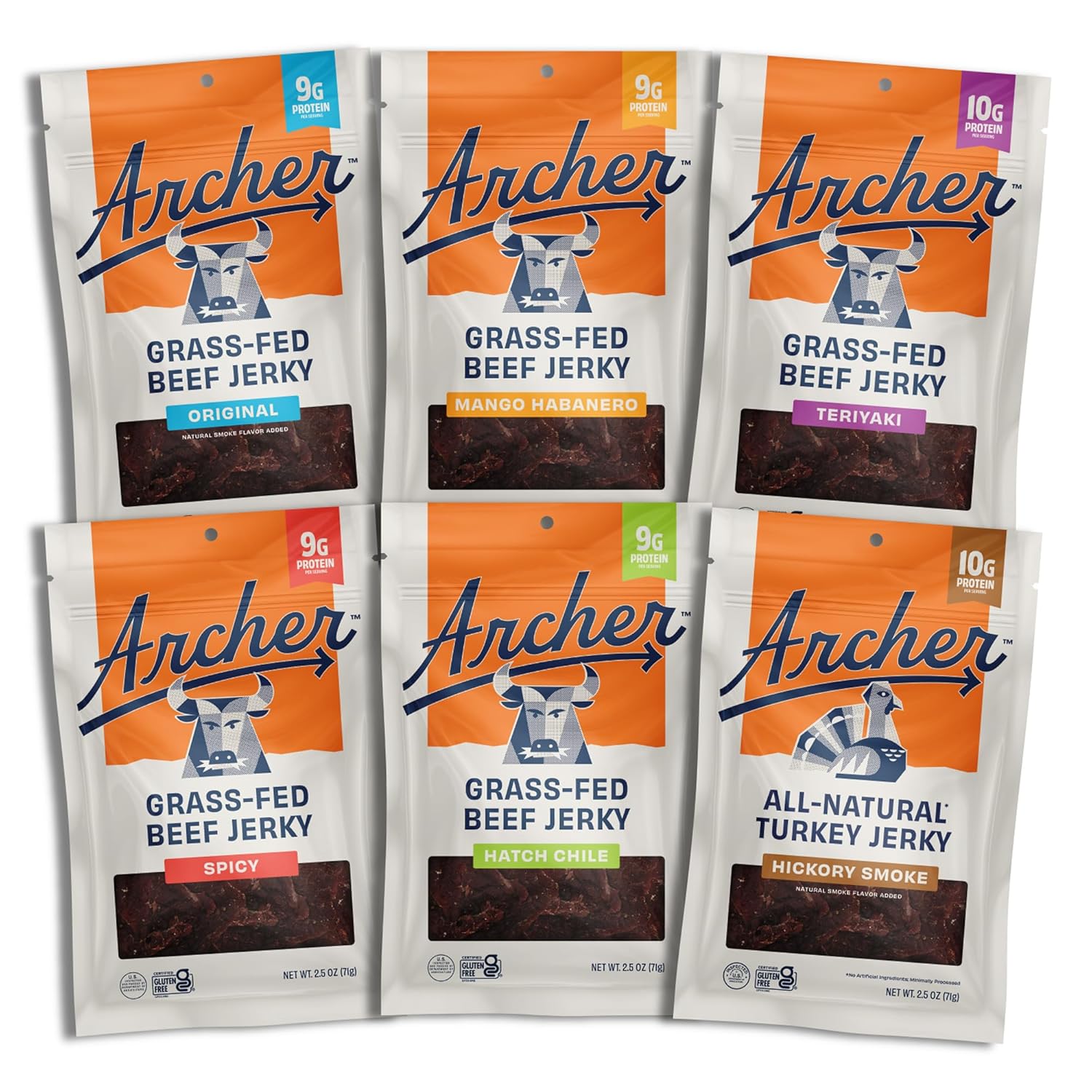 Country Archer Grass-Fed Beef Jerky Variety Pack - Keto Paleo Zero Sugar Flavors: Original, Teriyaki, Mango Habanero, Spicy Hatch Chile 2.5oz (6 Pack)