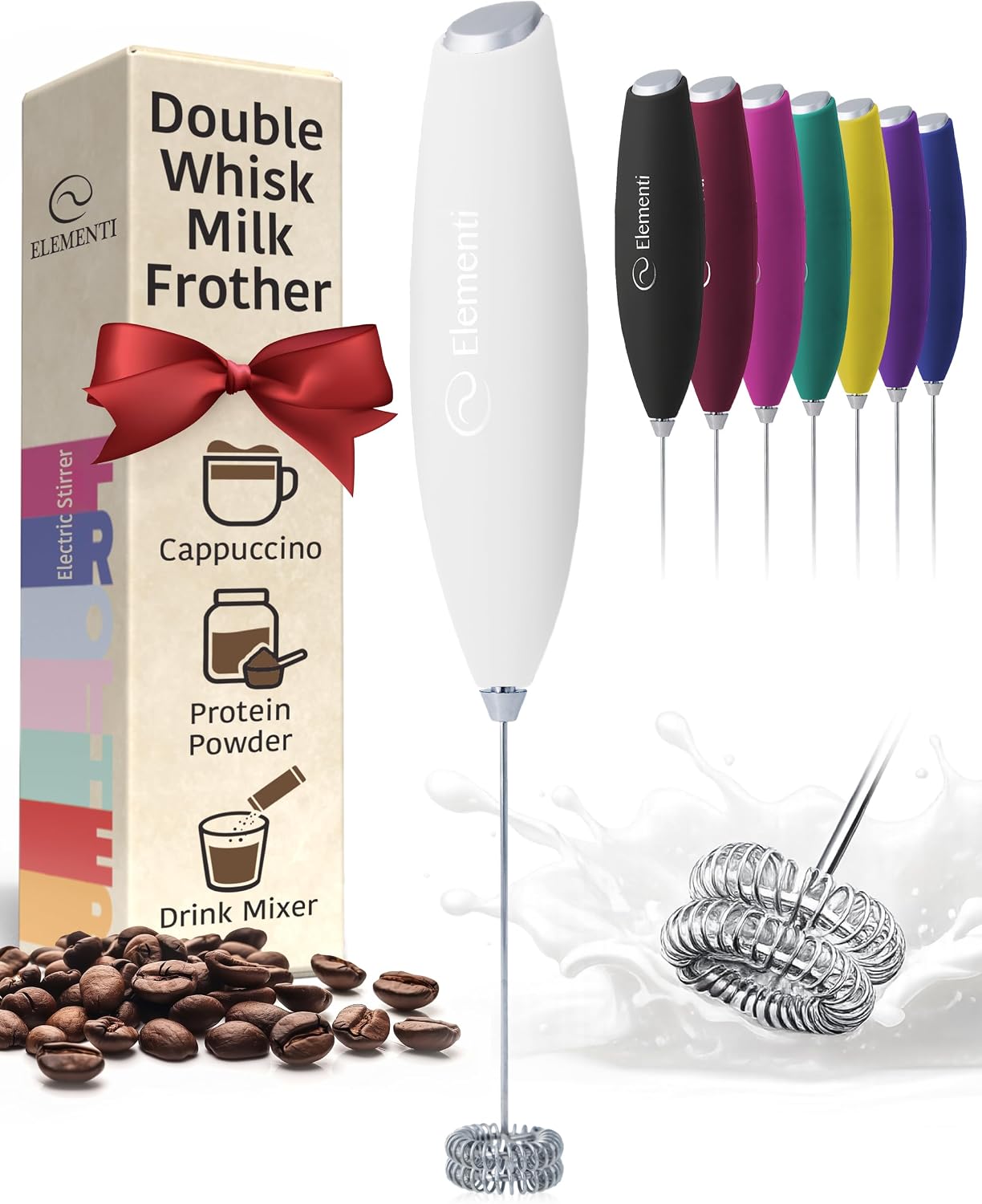 Elementi Milk Frother Wand - Easy to Use Handheld Electric Stirrer for Powder Drinks, Durable & Powerful Coffee Whisk & Protein Powder Mixer Wand, Hand Frother, Coffee Stirrers Electric (White)