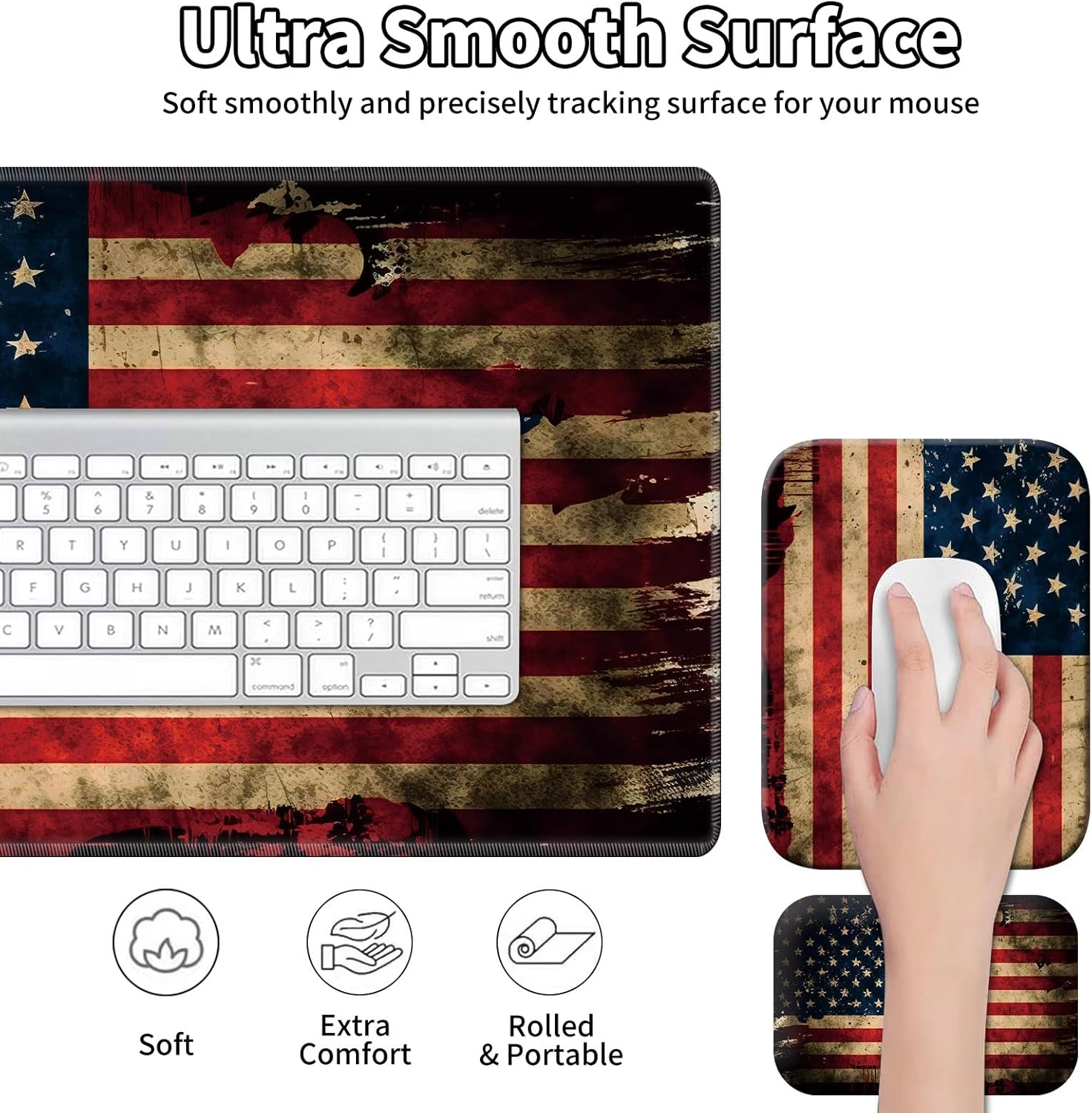 Mouse Pad with Wrist Rest,Desk Pad/Mat Set,American Flag Mouse Pad Gaming,Keyboard Pad,Laptop Pad,Long Extended Mouse Pad+Small Mouse Pad+Mouse Wrist Rest,Non-Slip Base and Stitched Edge