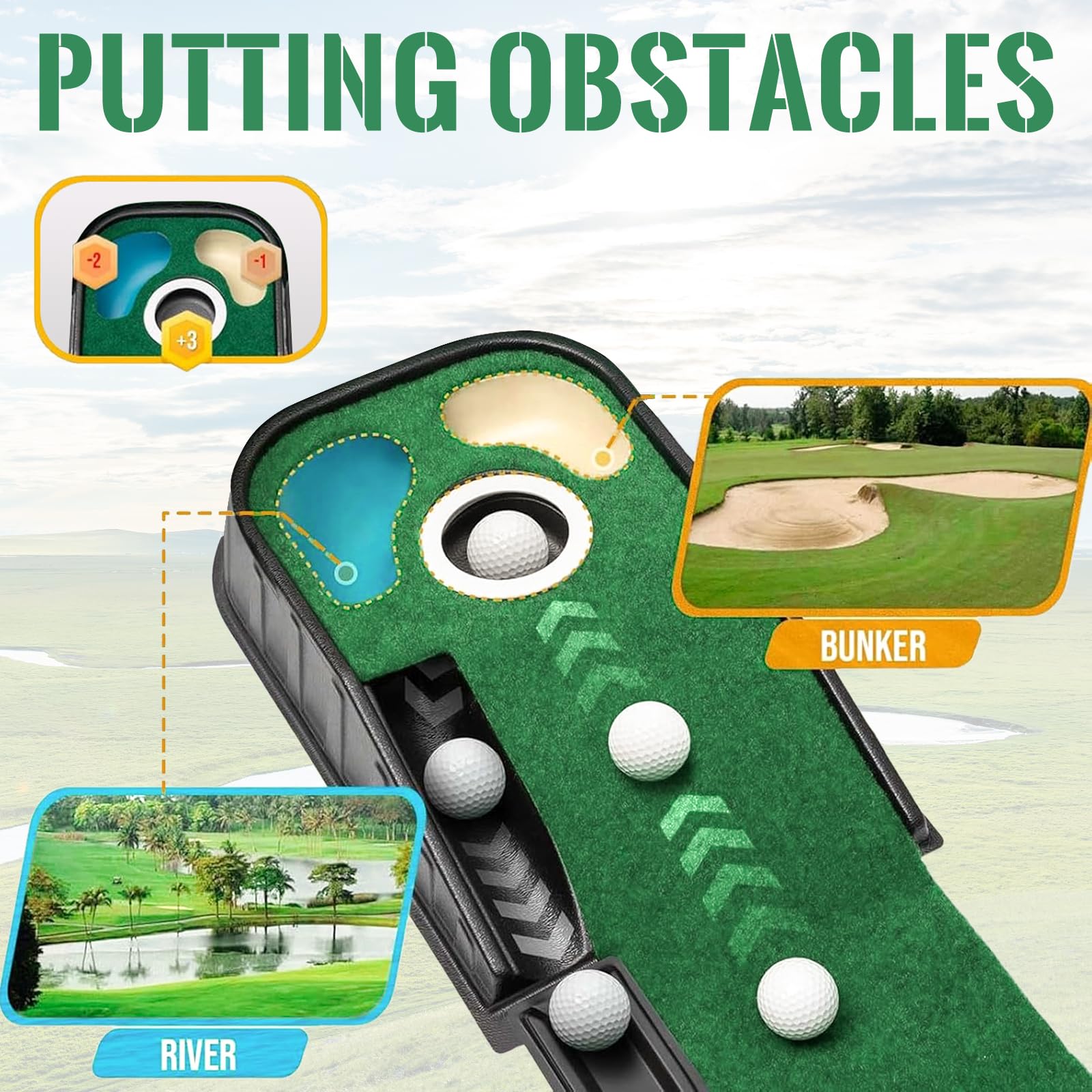Juego de tapete de golf para interiores verde con bola automática y 3 agujeros ayuda de entrenamiento práctica