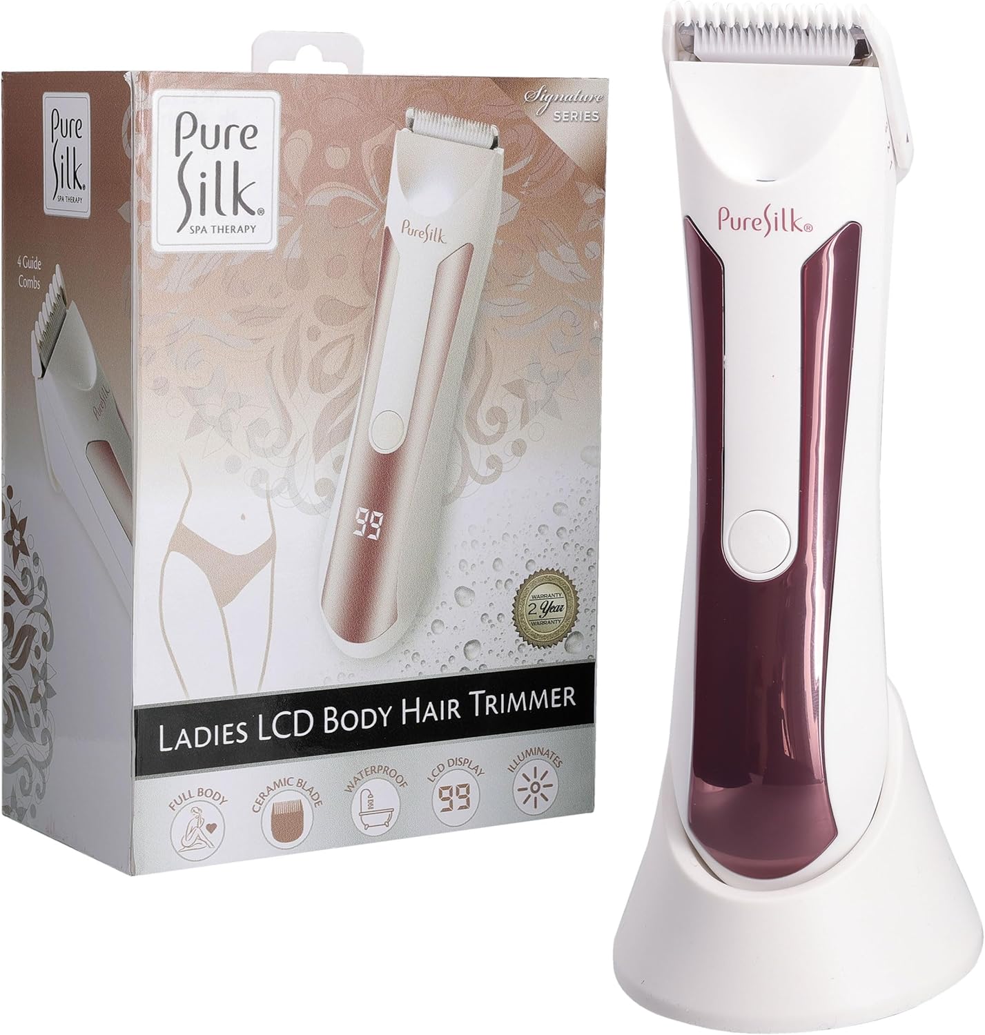 Pure Silk Body Hair Trimmer for Women, Rechargeable Women’s Trimmer for Body Hair with 4 Guide Combs, Hypoallergenic and Heat-Resistant Ceramic Blades, LCD Screen, Built in Light, Waterproof