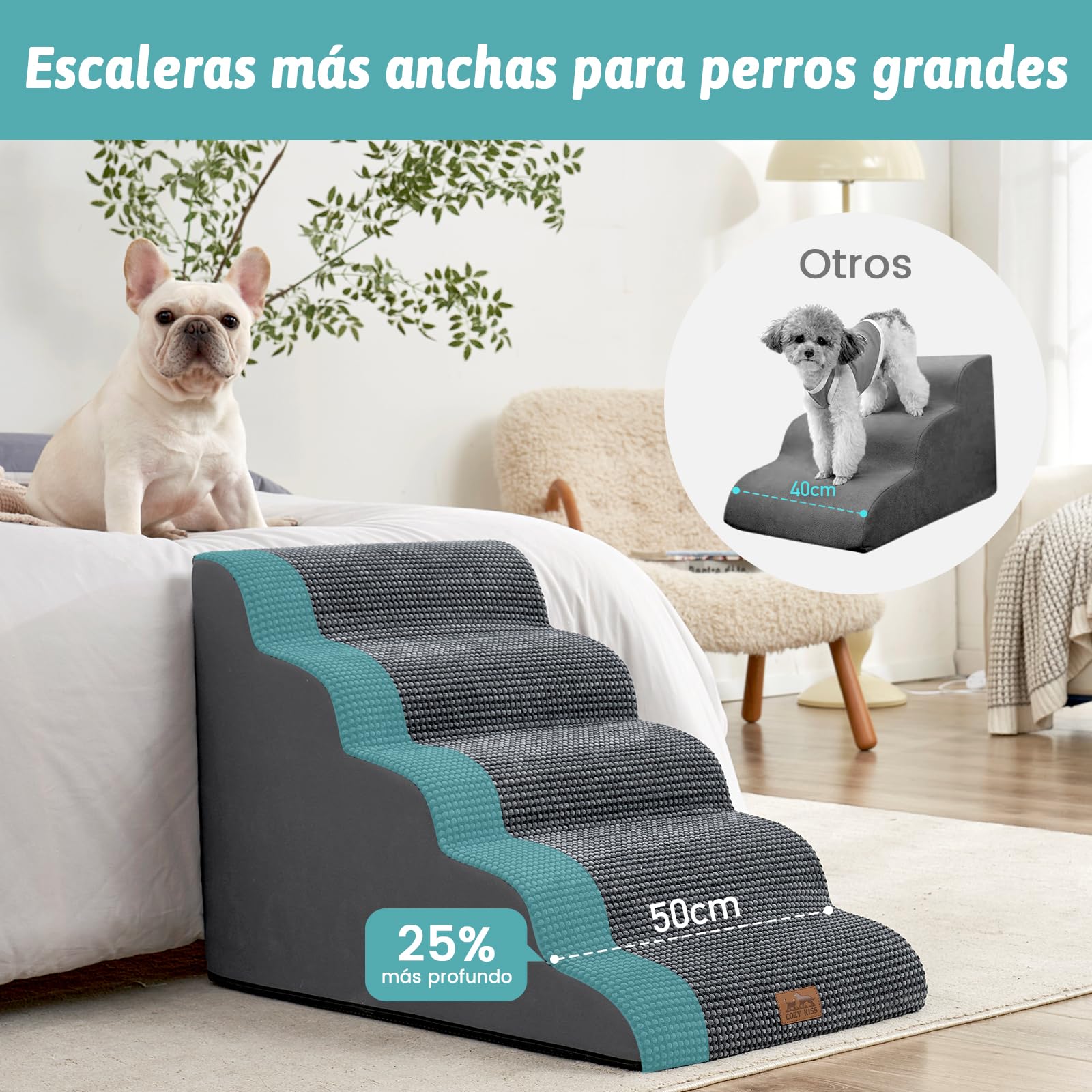 COZY KISS Escaleras Anchas para Perros con túnel de 19.7" de Ancho, escalón Grande Desmontable de Espuma para Perros pequeños, Cachorros o Gatos(Grigio nerastro, 50x83x57cm, 5.0)