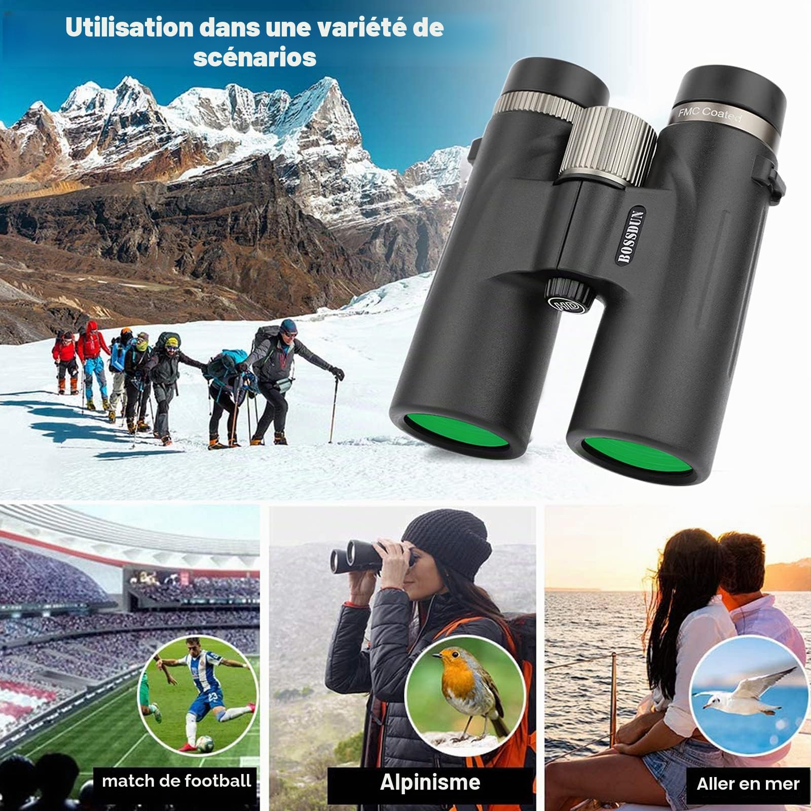 Jumelles 12 x 42 HD étanches haute performance avec vision nocturne dans des conditions de faible luminosité pour l'observation des oiseaux, la randonnée, la chasse, le tourisme (noir)