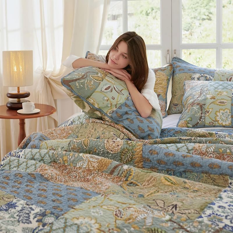 Secgo Queen Comforter Set for Bed - 100% Cotton Quilts Queen Size, Green, Sage Bedspreads (90 * 98 Inch) with 2 Pillow Shams, Patchwork Reversible Lightweight Bedding image 2