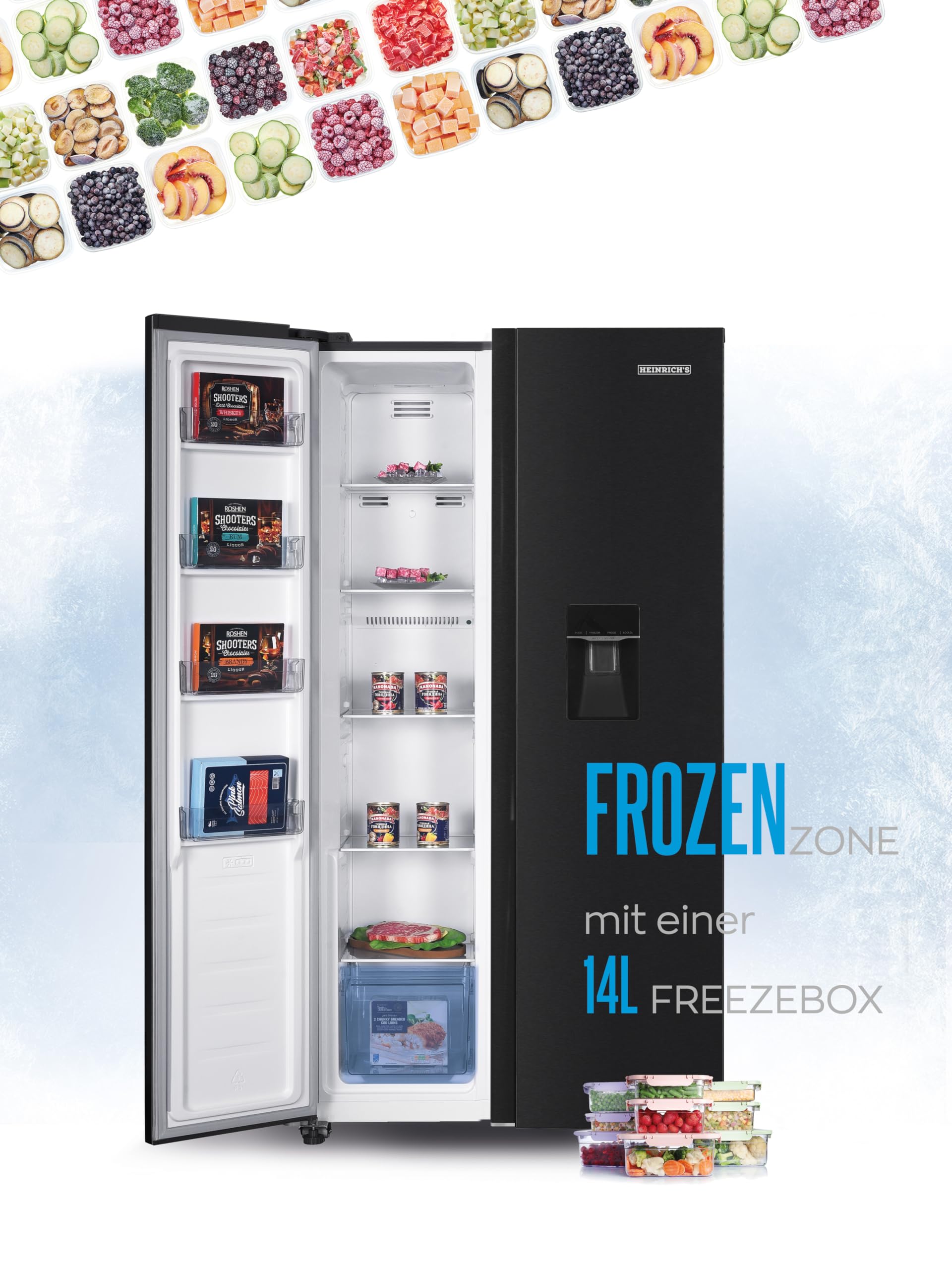 Heinrich´s Side-by-Side Kühlschrank, Kühlgefrierkombination mit 439L Mega Gesamtvolumen, NO-FROST, 151L Gefriervolumen, inkl. Wasserspender, LED Beleuchtung,Touch, Multi-Airflow-System, Schwarz-Inox