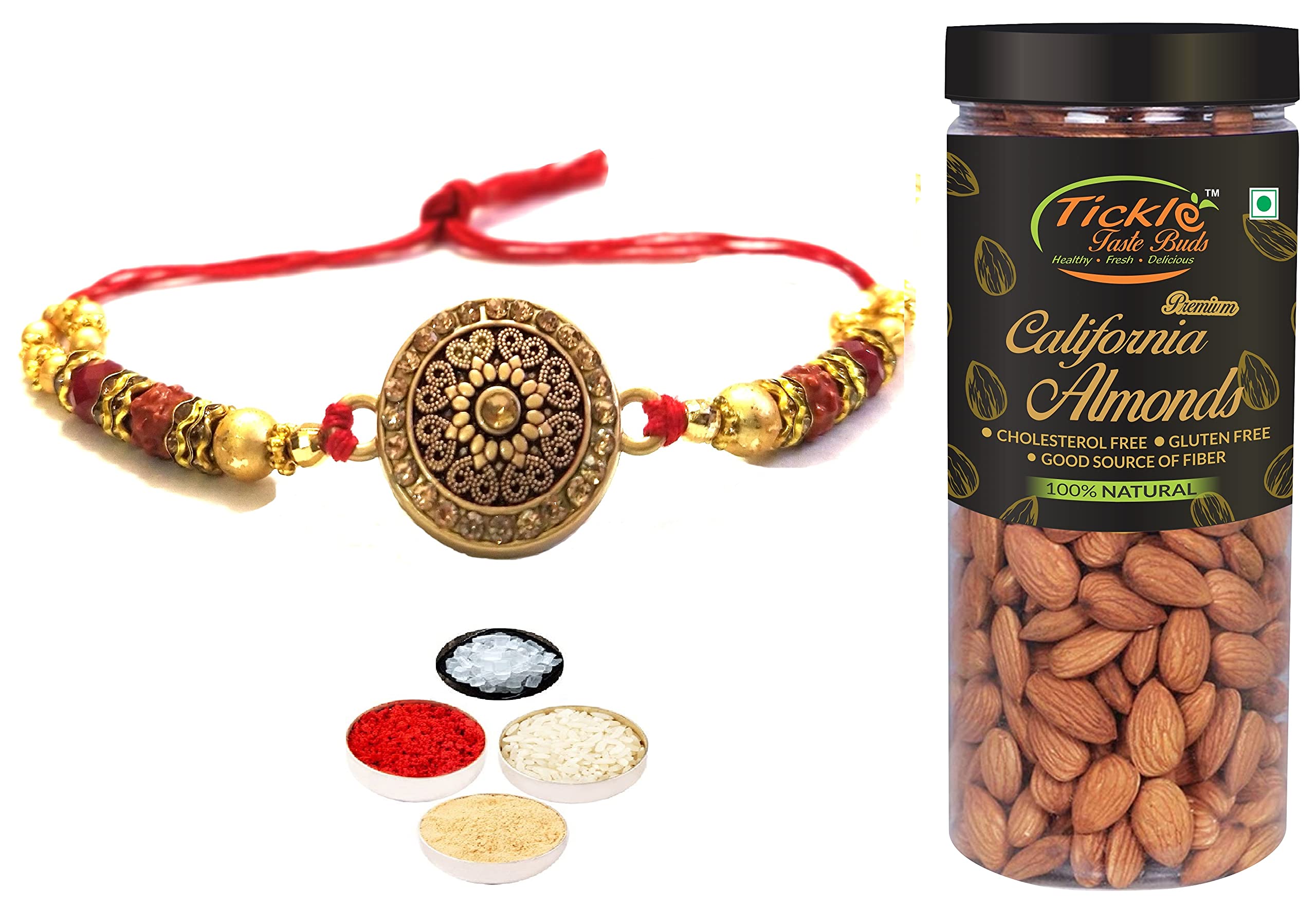 Designer Trendy Golden Rakhi for Brother Gift Combo with Badam Jar 250gms & Personal Message, Roli Tikka Chandan Chawal Mishri Special Pack for Bhai Bhaiya-image-17