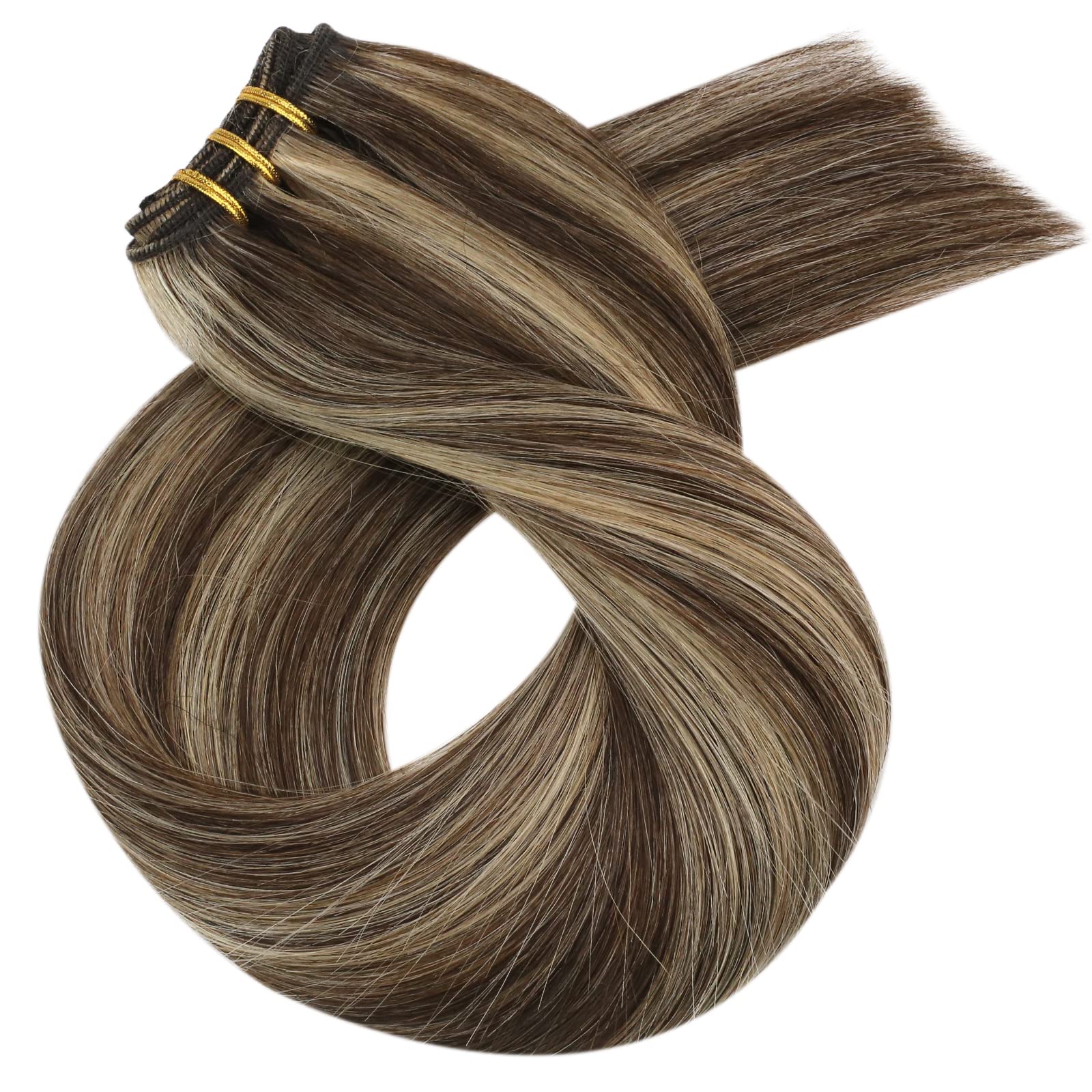 Moresoo Weft Hair Extensions Real Human Hair Medium Brown Highlighted Platinum Blonde Sew in Human Hair Extensions Brown to Blonde Full Head Remy Straight 18 Inch 100g/Pack #P6/60 — view 43