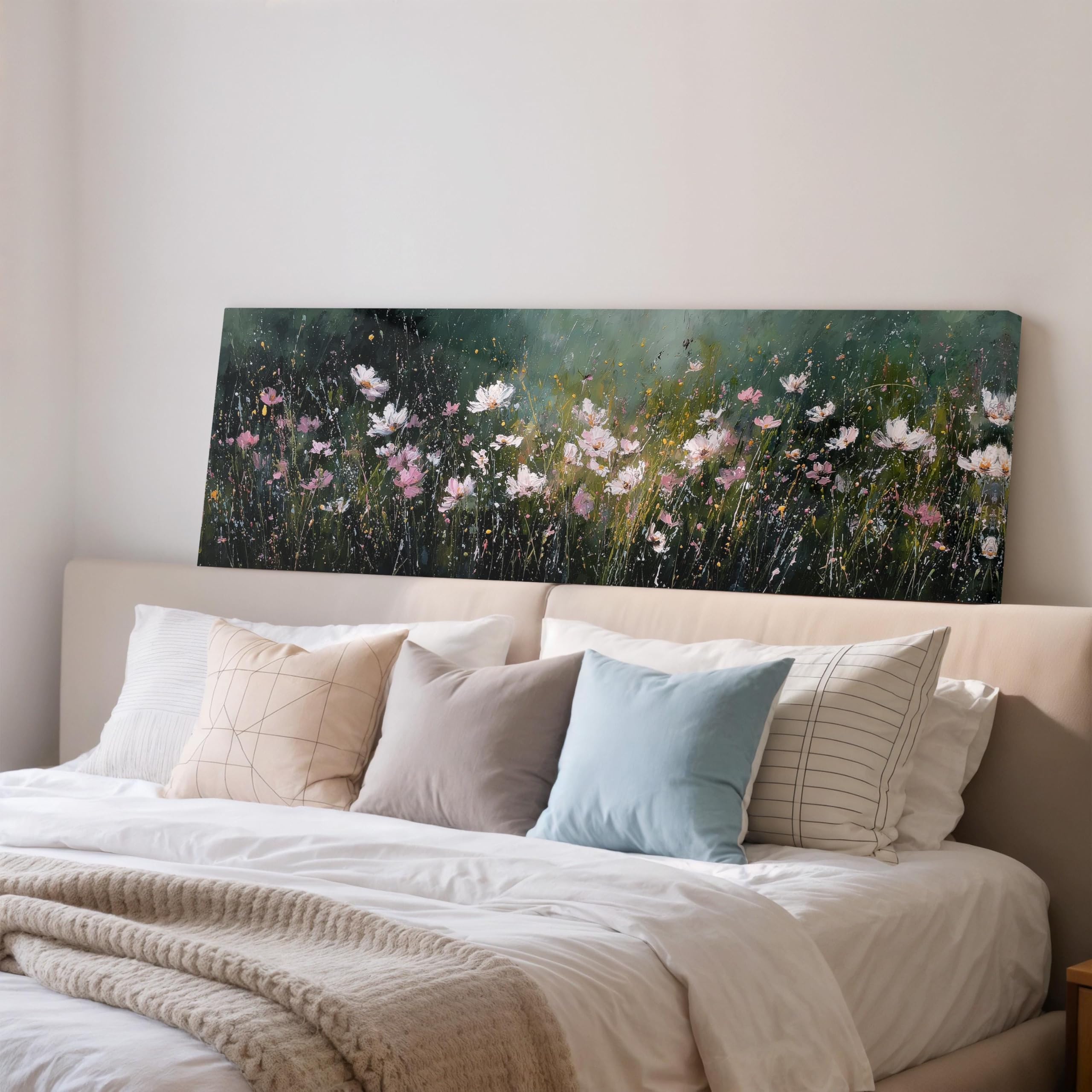 XBTYKPB Wildflower Meadow Painting, Long Panoramic Framed Canvas Art, Dark Floral Landscape Print, Wide Horizontal Art Above Sofa(65x195cm/Frameless)