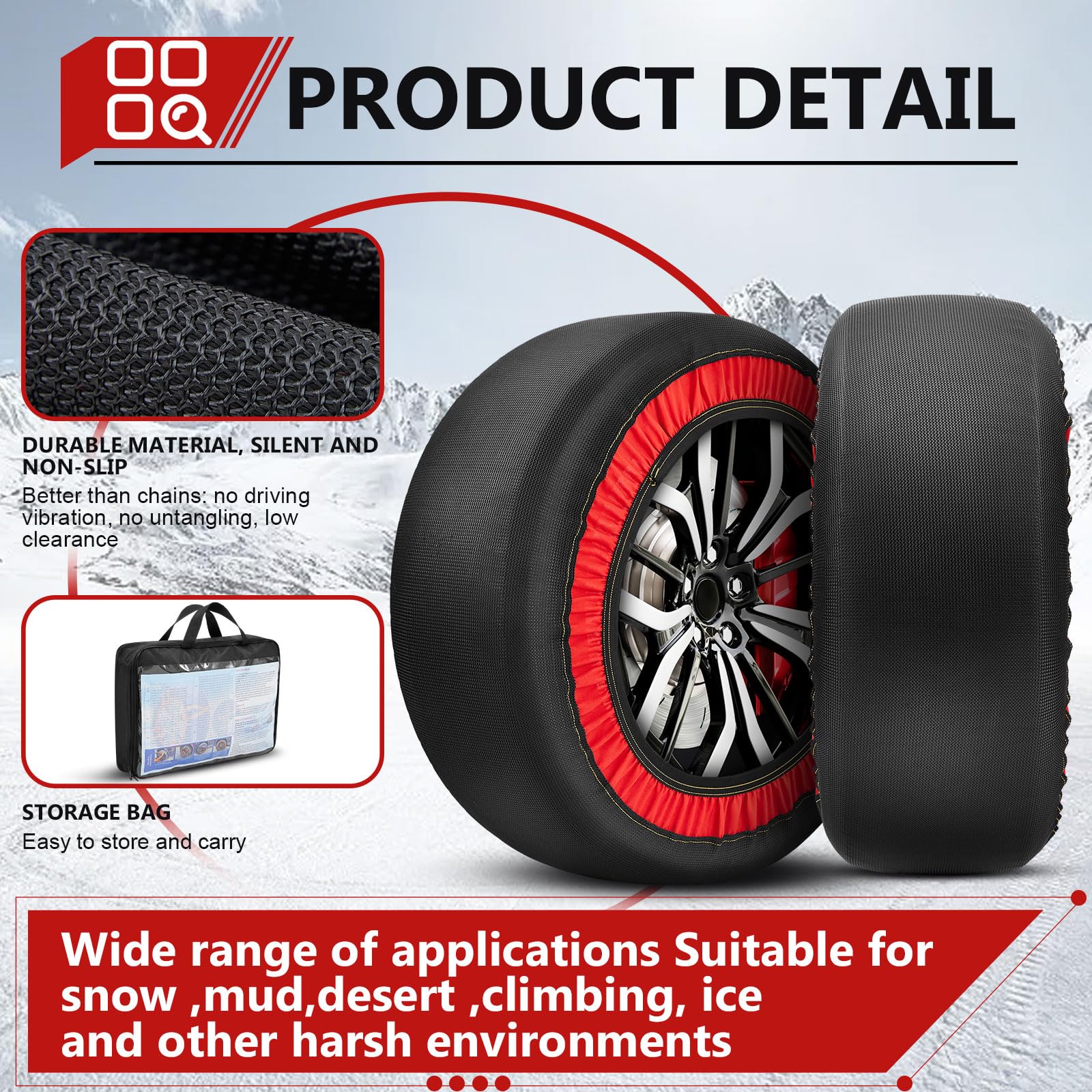 DaisyInner Paquete de 4 calcetines de nieve para neumáticos, calcetines de nieve de tela, fáciles de instalar, con 2 pares de guantes, accesorios de invierno para automóviles, SUV, camiones,