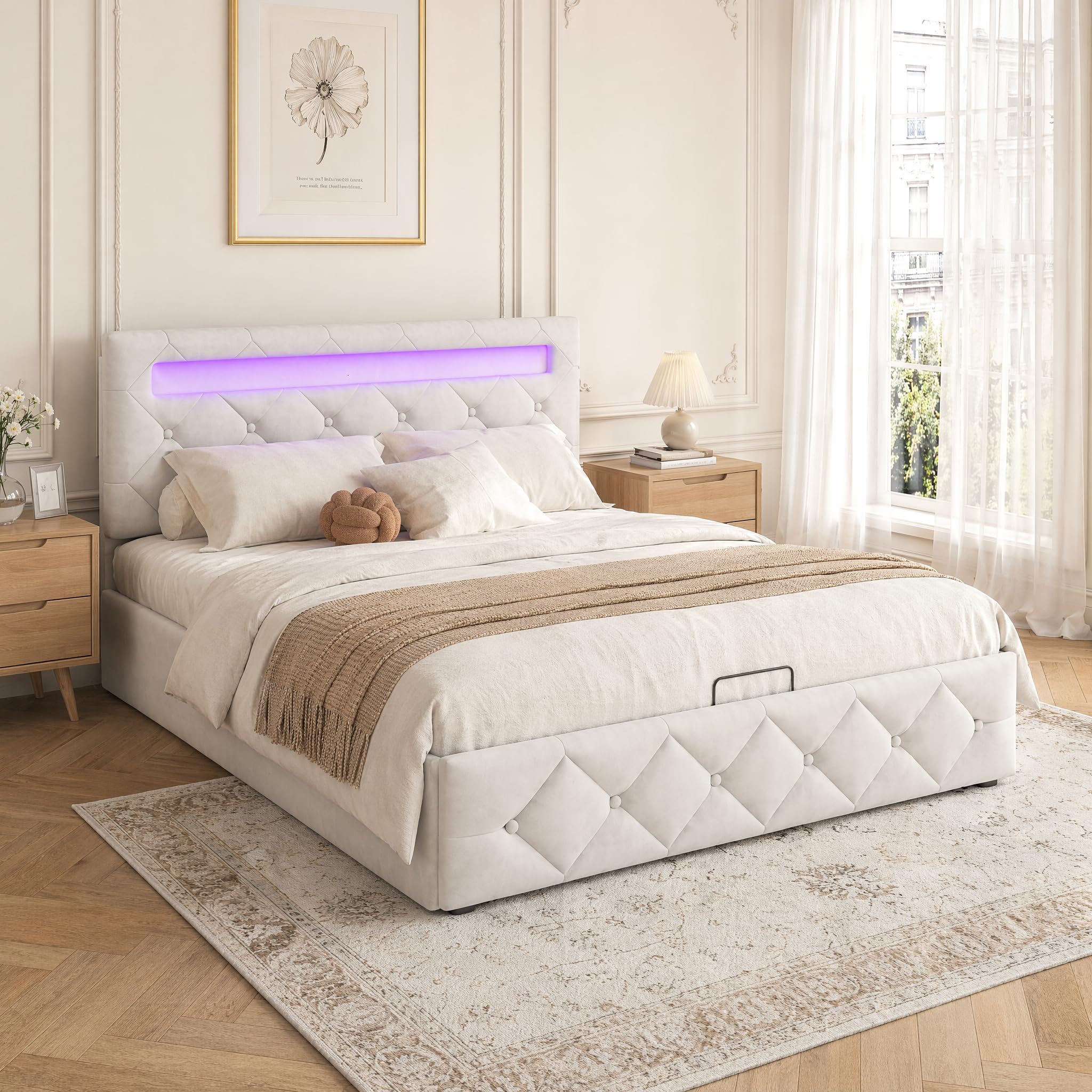 Łóżko tapicerowane z torbą 140 x 200 cm, kufer z diodami LED i portami USB, podwójna tkanina aksamitna, rama z listwami bez materaca (beżowy)