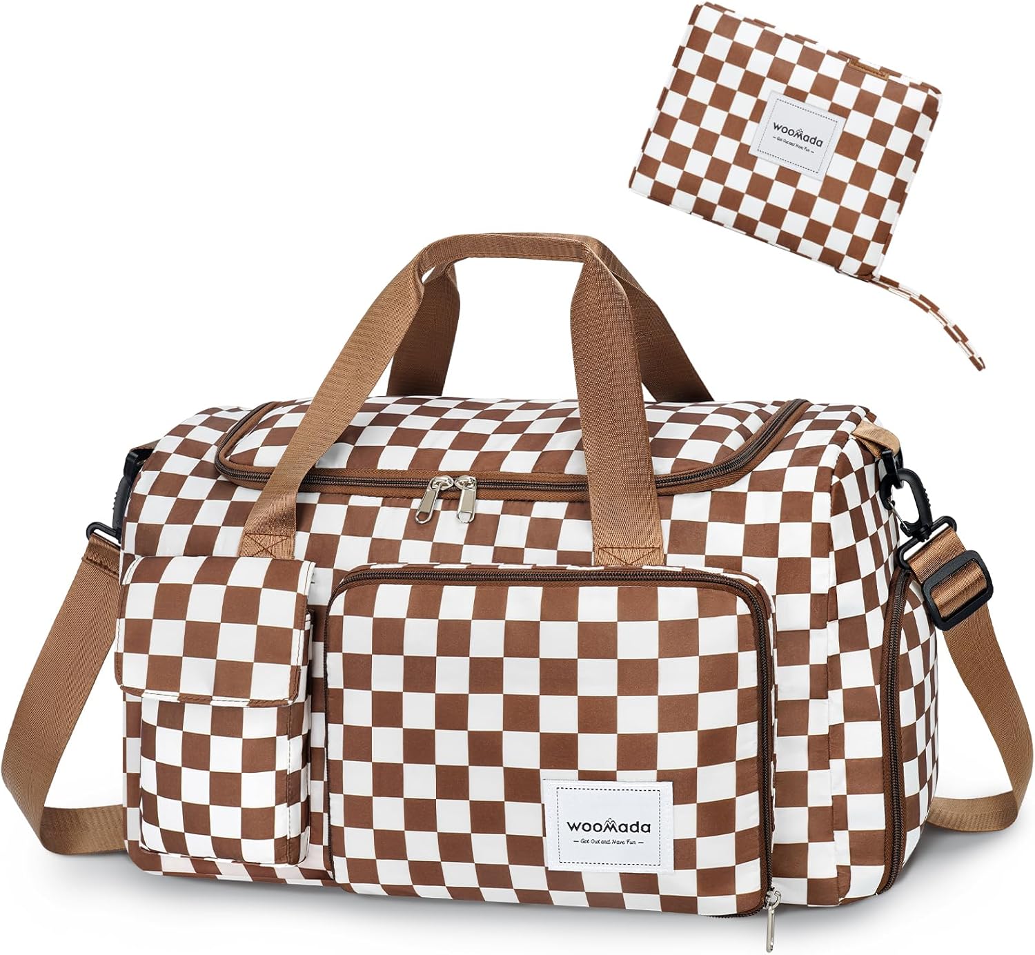 WOOMADA Foldable Travel Duffel Bag with Shoes Compartment, Overnight Bag with Wet Pocket & Trolley Sleeve, Weekender Bags for Women (turquoise checkerboard)