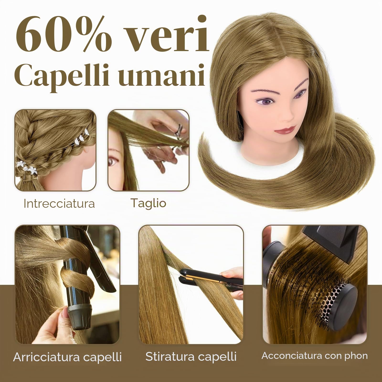 Testa per Acconciature 71cm Capelli Veri 60% Bionda con Supporto + Accessori Set