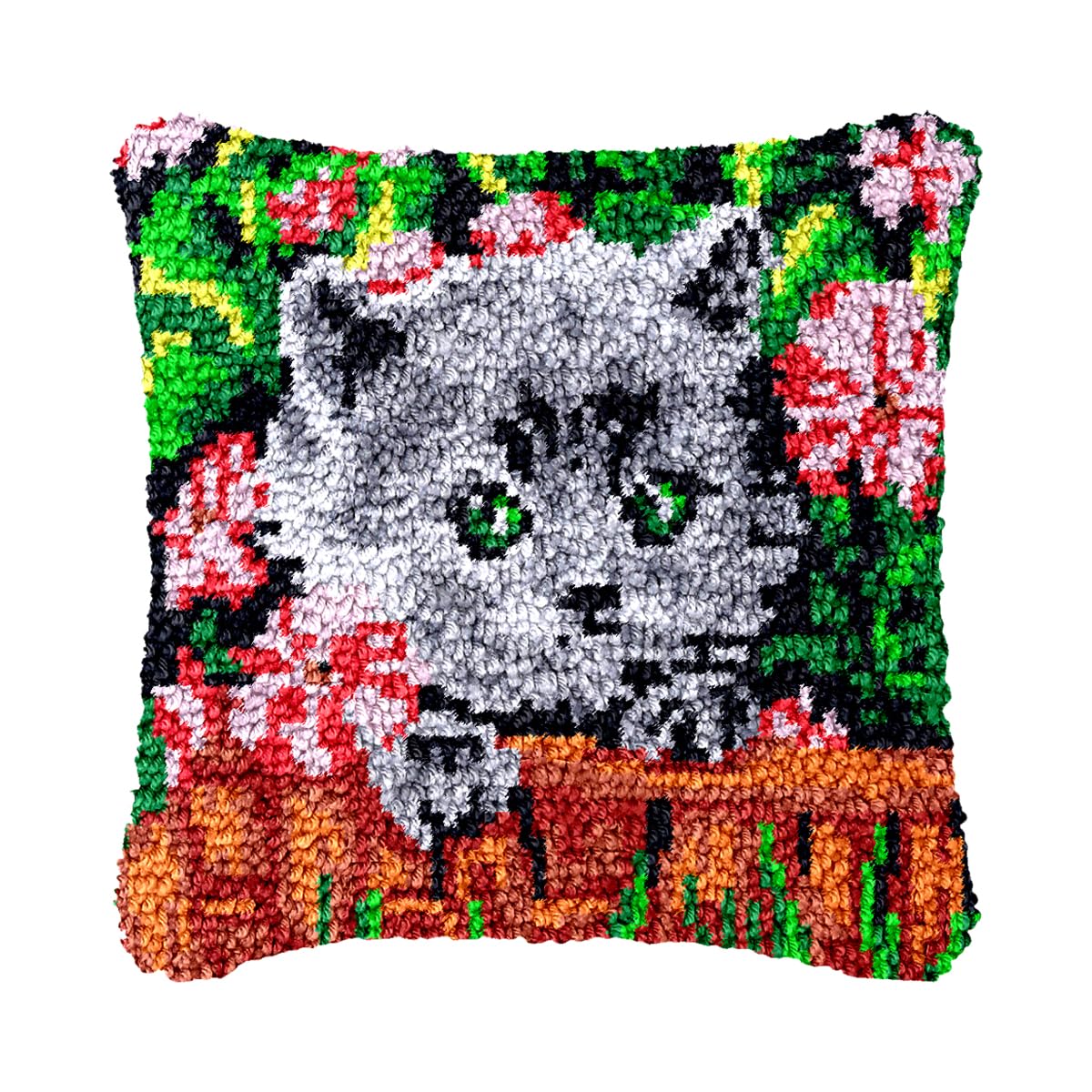 bositigo Latch Hook Kits for DIY Throw Pillow Cover, Colorful Handmade Pillow Case for Home Decoration, Festival Gift 17x17inch (Flower Cat1)