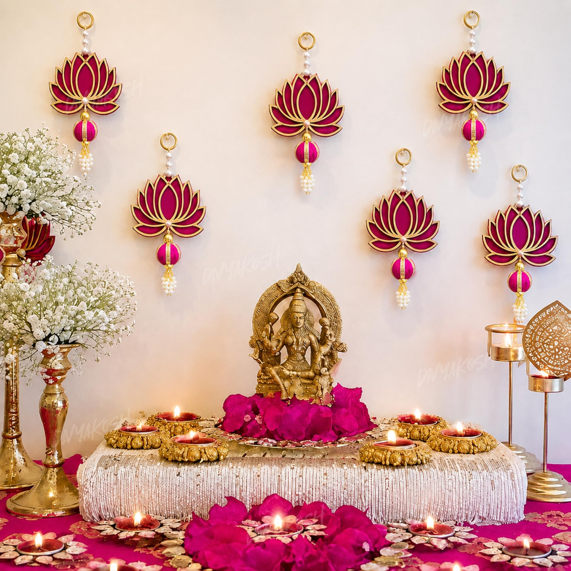 Divyakosh Velvet Handmade Wall Decor Lotus With Ball Style,Hanging For Home Decor,Diwali Decor,Wedding And All Festival Decor (7 Pcs)|Lotus Hangings For Home Decoration|Lotus Export Quality |,Pink