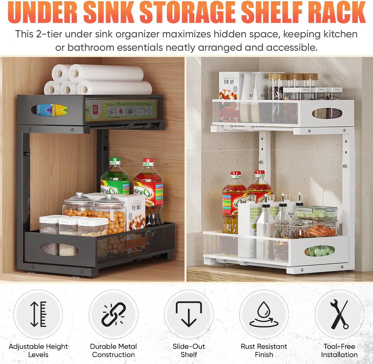 2Pack Under Sink Organizer 2 Tier Kitchen Spice racks and Storage – Pull Out Cabinet Organizer for Cleaning Products, Pantry Organization (Black)