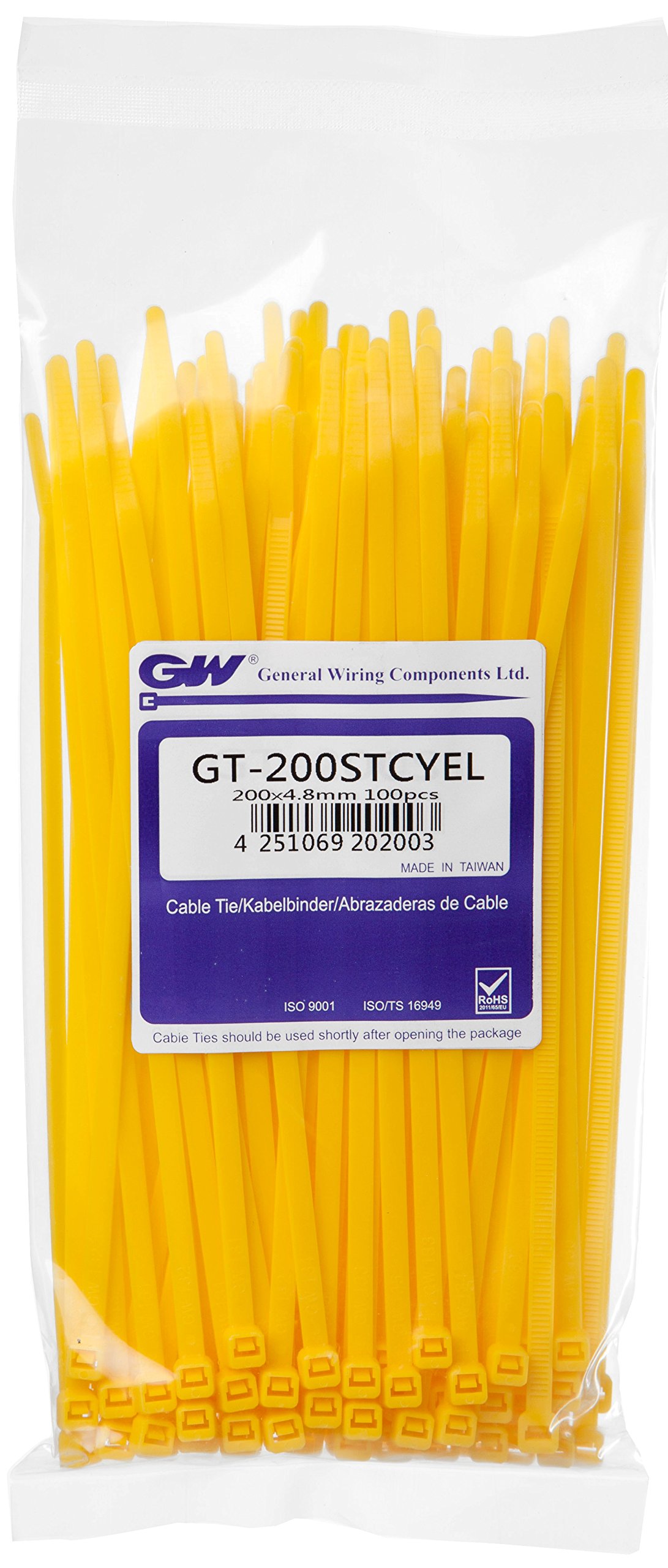 GW Wiring ProductsLTS, Cable Tie 202 x 4.8 mm, Yellow, 100 pcs, GT-200STCYEL, Set of 100 Pieces