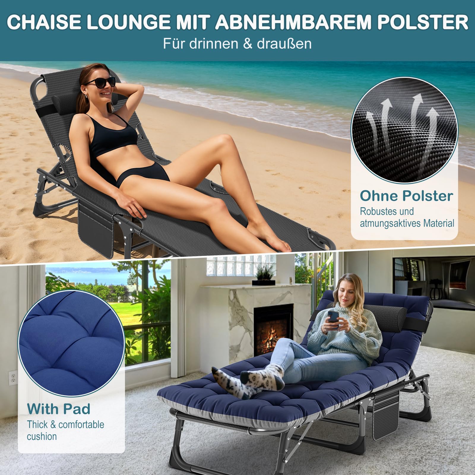 Sonnenliege Klappbett Campingbett Gästebett klappbar liegestuhl 200KG Lastlager Gartenliege Mit Matratze Seitentasche und Kopfstütze Feldbett für Outdoor Indoor Garten Camping (Blau-BK)