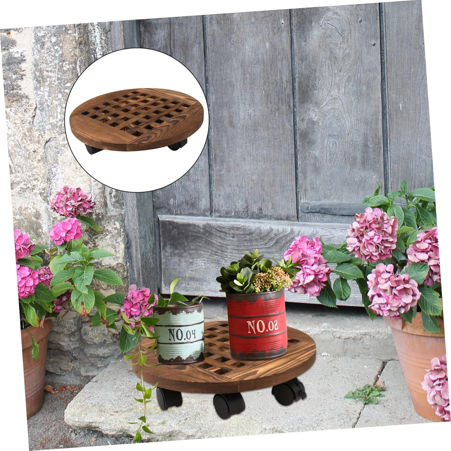 Wooden Round Plant Tray Wheels Removable Flower Pot Base for Indoor and Outdoor Use Heavy-Duty Planter for Easy Movement of Pots and Trees