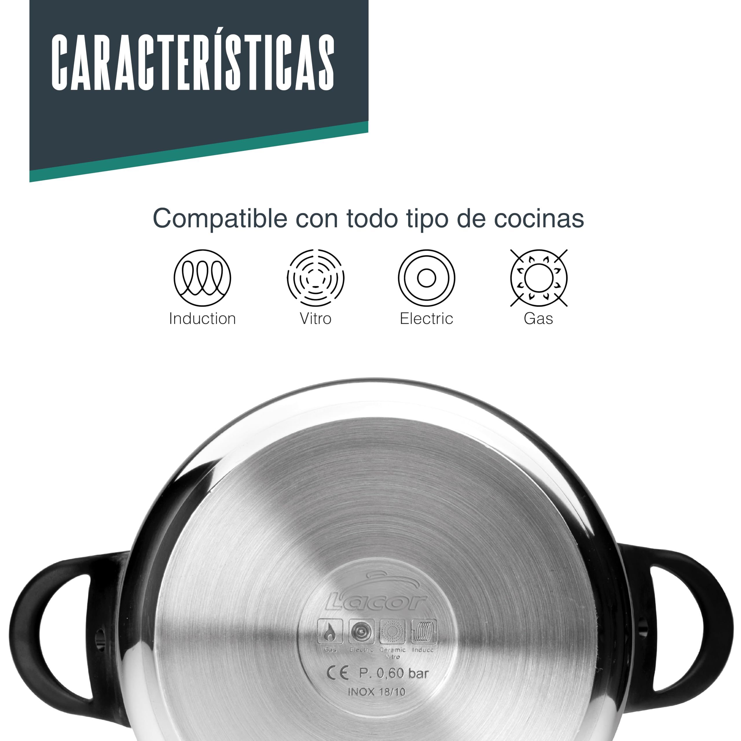 Lacor - 71872 - Olla a presión Classic, Acero inoxidable 18/10, Apta para inducción, 12 litros, Ø 26 cm, Válvula de seguridad