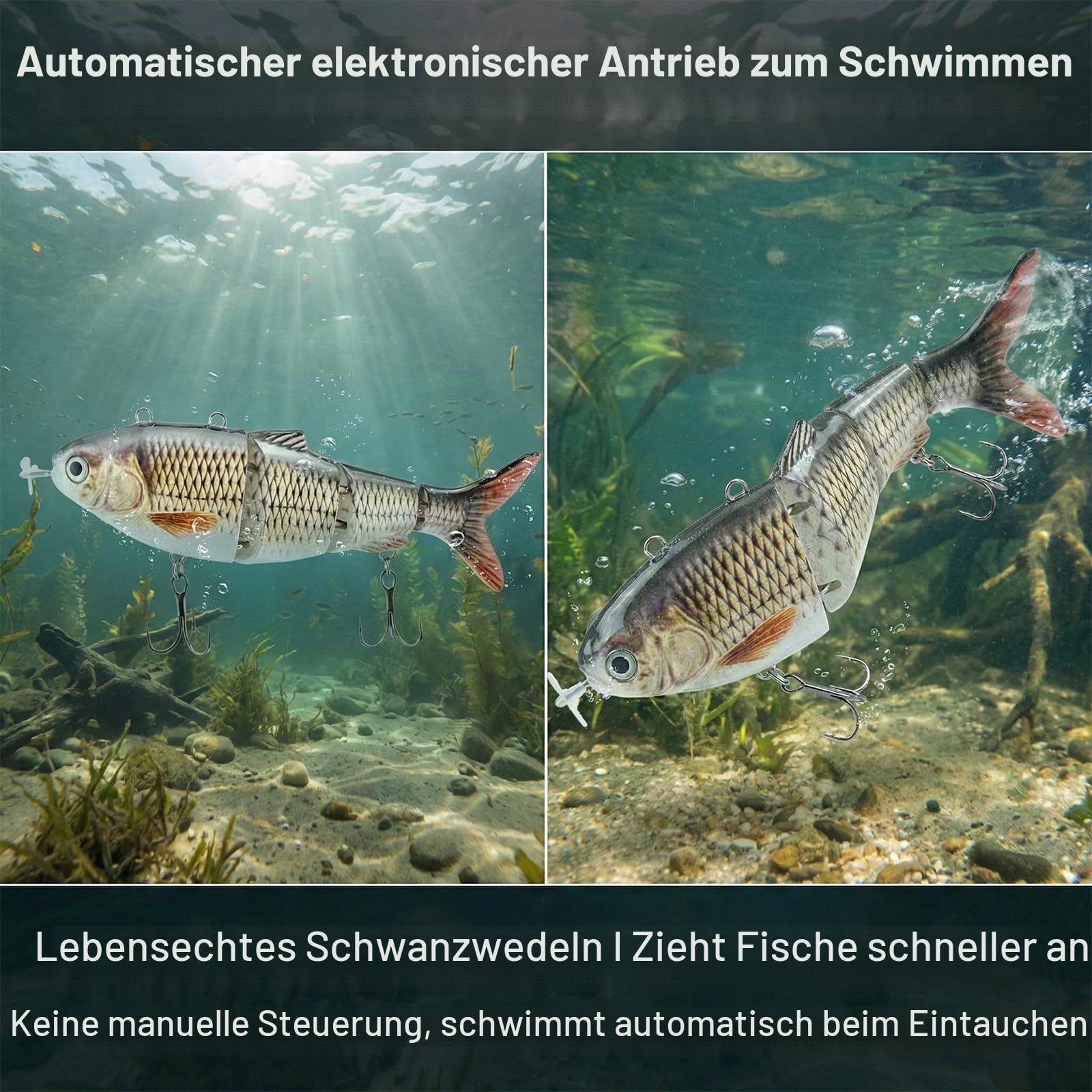 GAOUTO Elektrischer Angelköder: Grünes LED-Licht Roboter Angelköder, 3D-Design Wiederaufladbarer Schwimmköder, Metallglieder Mehrgelenkiger Köder, für Süßwasserangeln