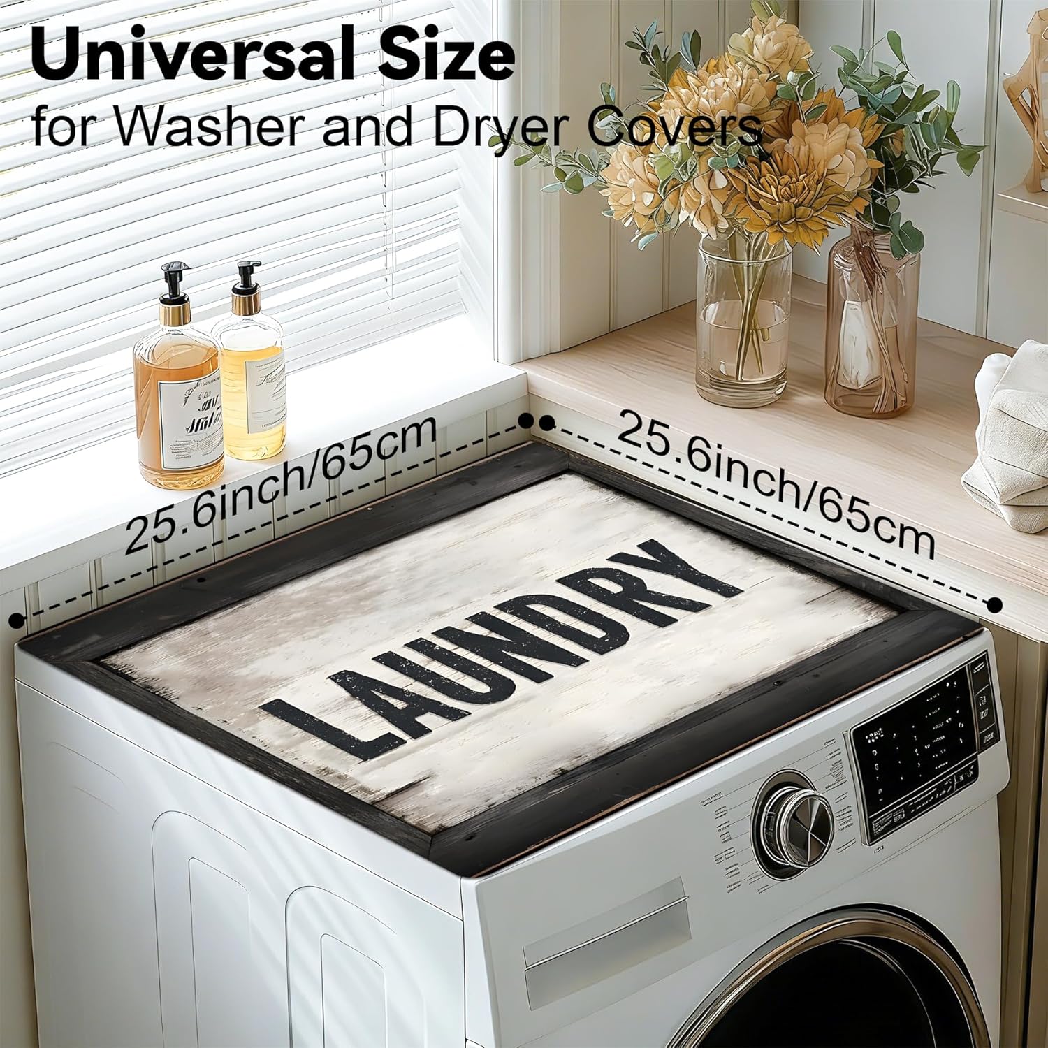 NYZE 2 PCS Washer and Dryer Covers For The Top, 25.6" x 25.6" Washing Machine Top Protector Mats, Non-slip Quick Drying Dryer Top Cover for Home Kitchen Laundry Room (Laundry Text)