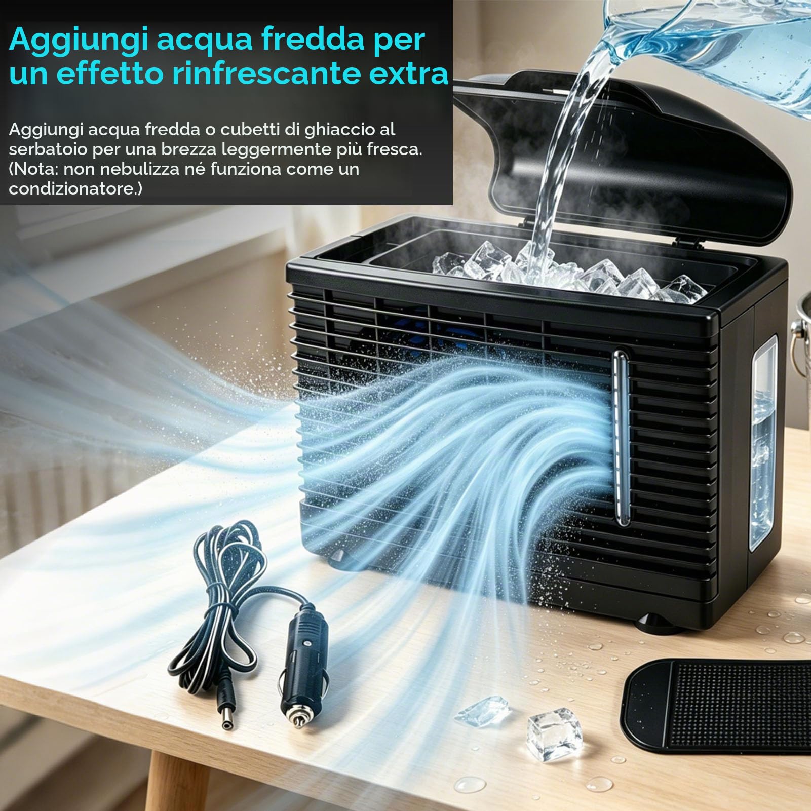 Condizionatore d'aria per auto da 12 V, mini ventola di raffreddamento ad acqua di raffreddamento ad aria portatile unità AC per estate e aree asciutte 20 x 11 x 15 cm