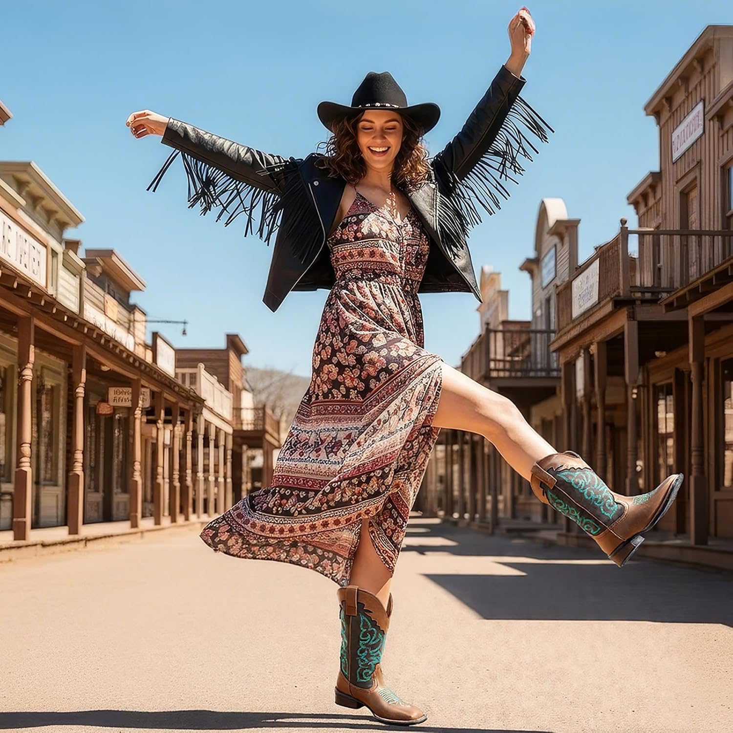 SheSole Women's Cowboy Boots Square Toe Mid Wide Calf Cowgirl Boots Chunky Heel Fashion Western Boots